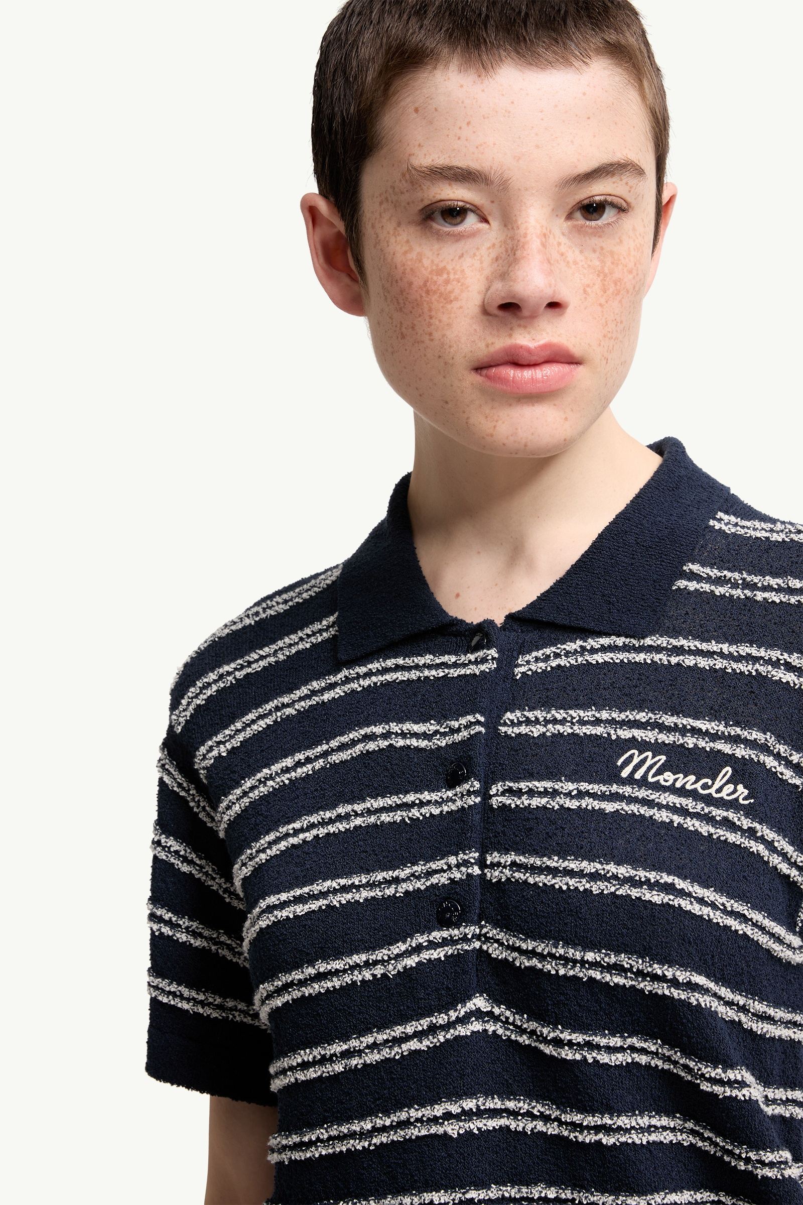 Moncler Cotton Blend Bouclé Crêpe Polo Shirt Navy Blue Navy Blue