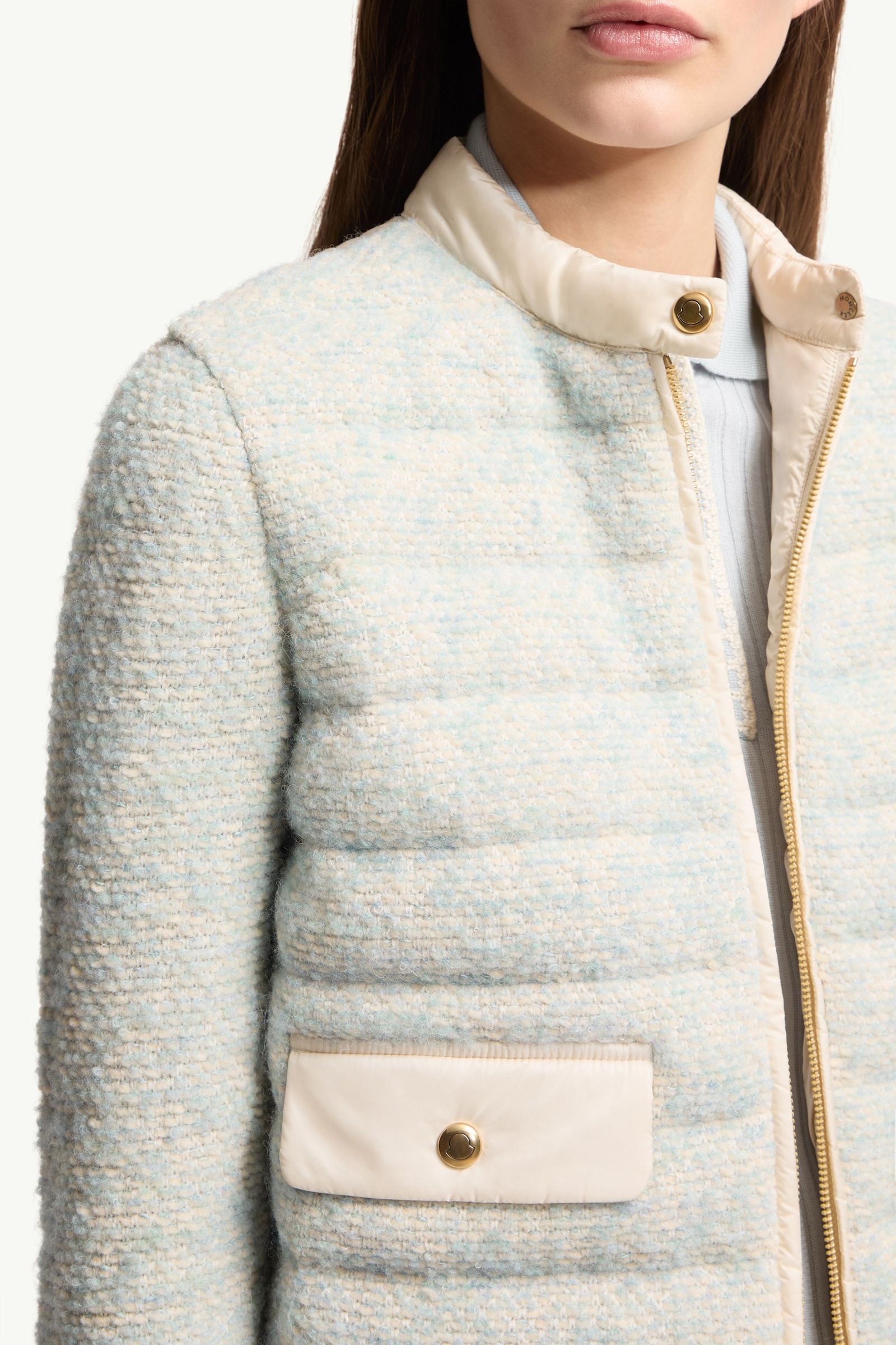 Moncler Wool & Alpaca Blend Padded Zip-Up Cardigan Light Blue & Beige Light Blue & Beige