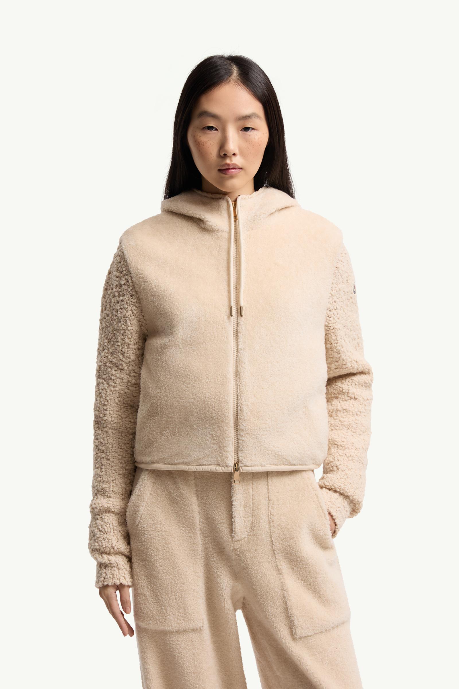 Moncler Bouclé & Teddy Zip-Up Hoodie White Ivory White Ivory