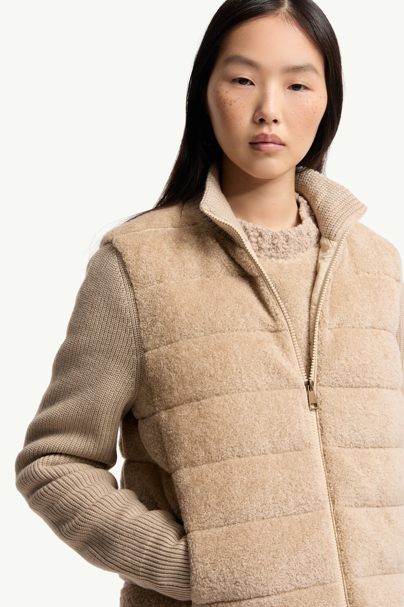 Moncler Padded Teddy & Wool Zip-Up Cardigan Light Beige Light Beige