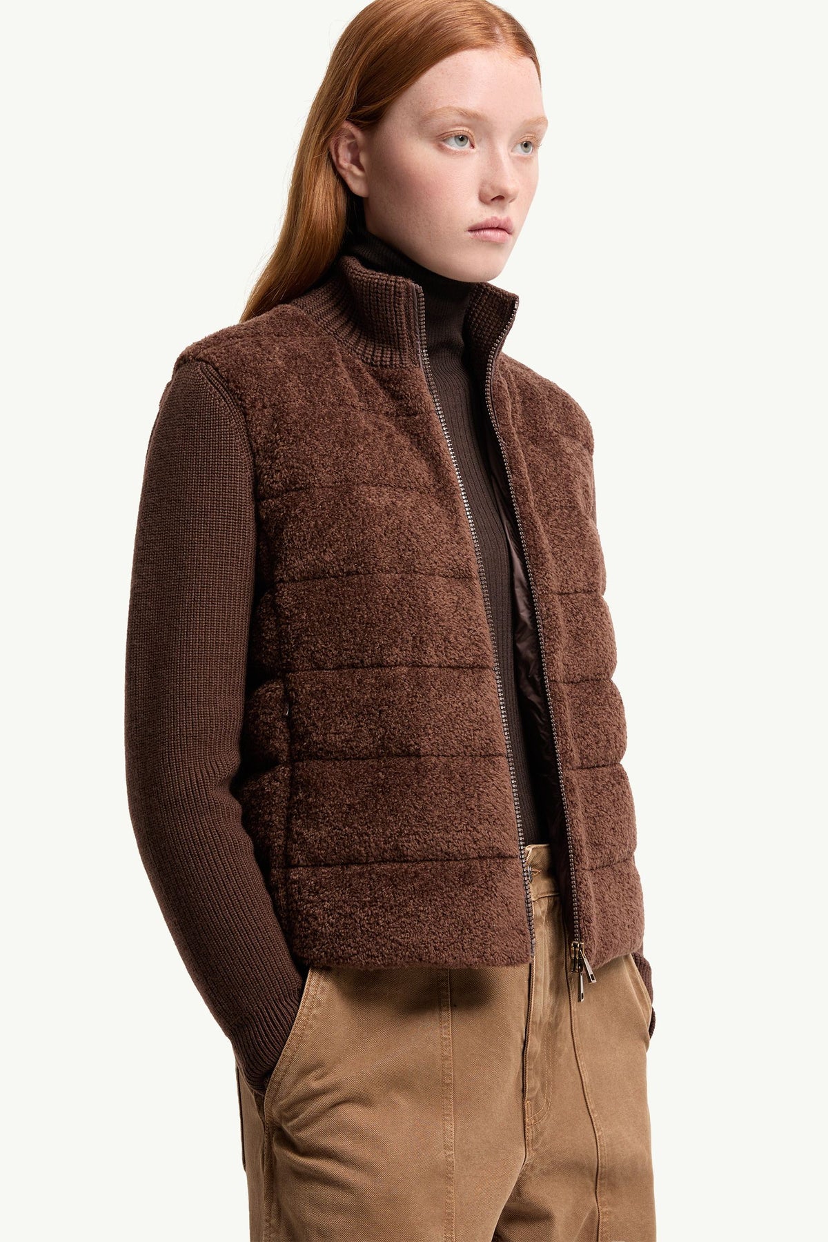 Moncler Padded Teddy & Wool Zip-Up Cardigan Brown Brown