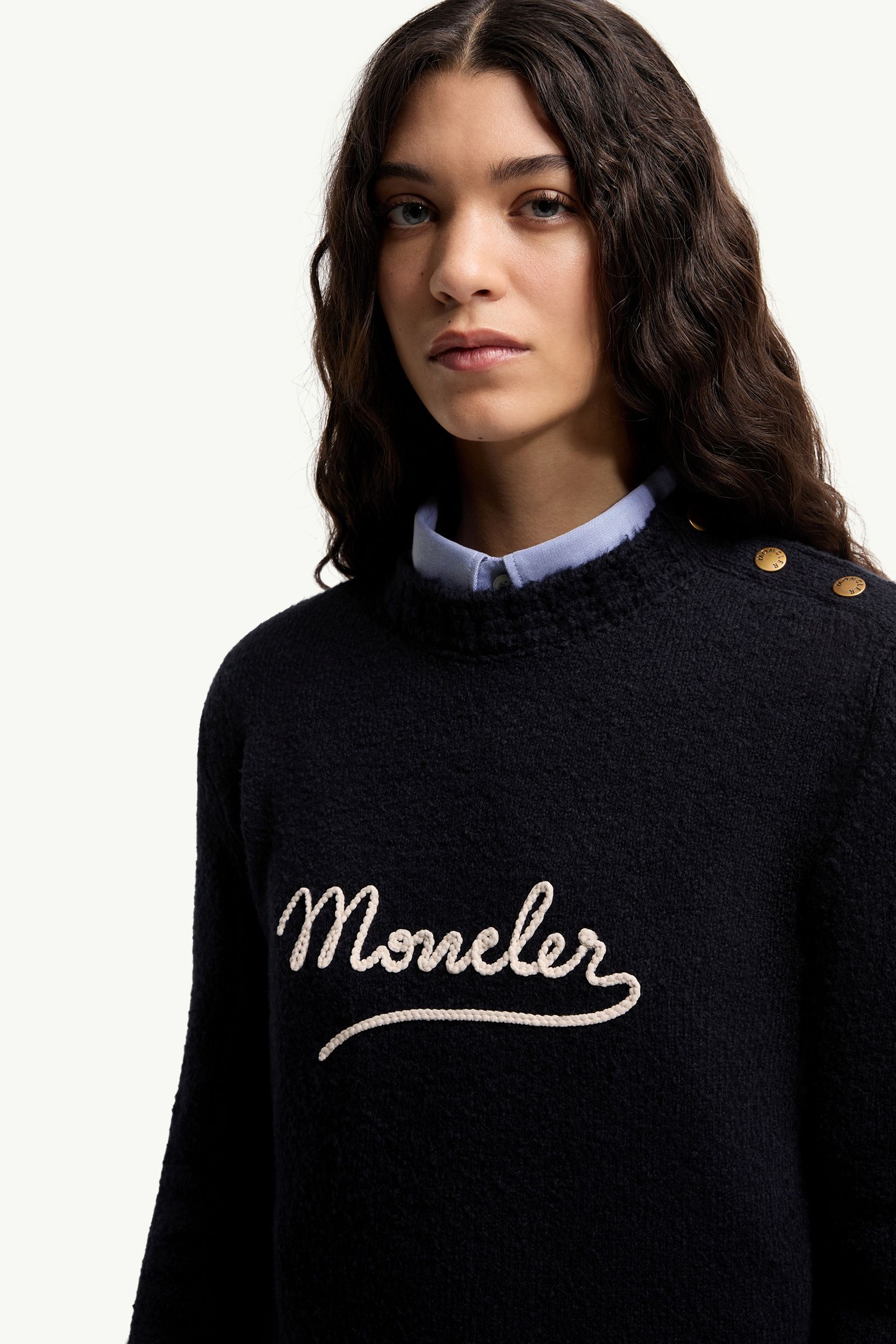Moncler Embroidered Logo Cotton Blend Sweater Navy Blue Navy Blue