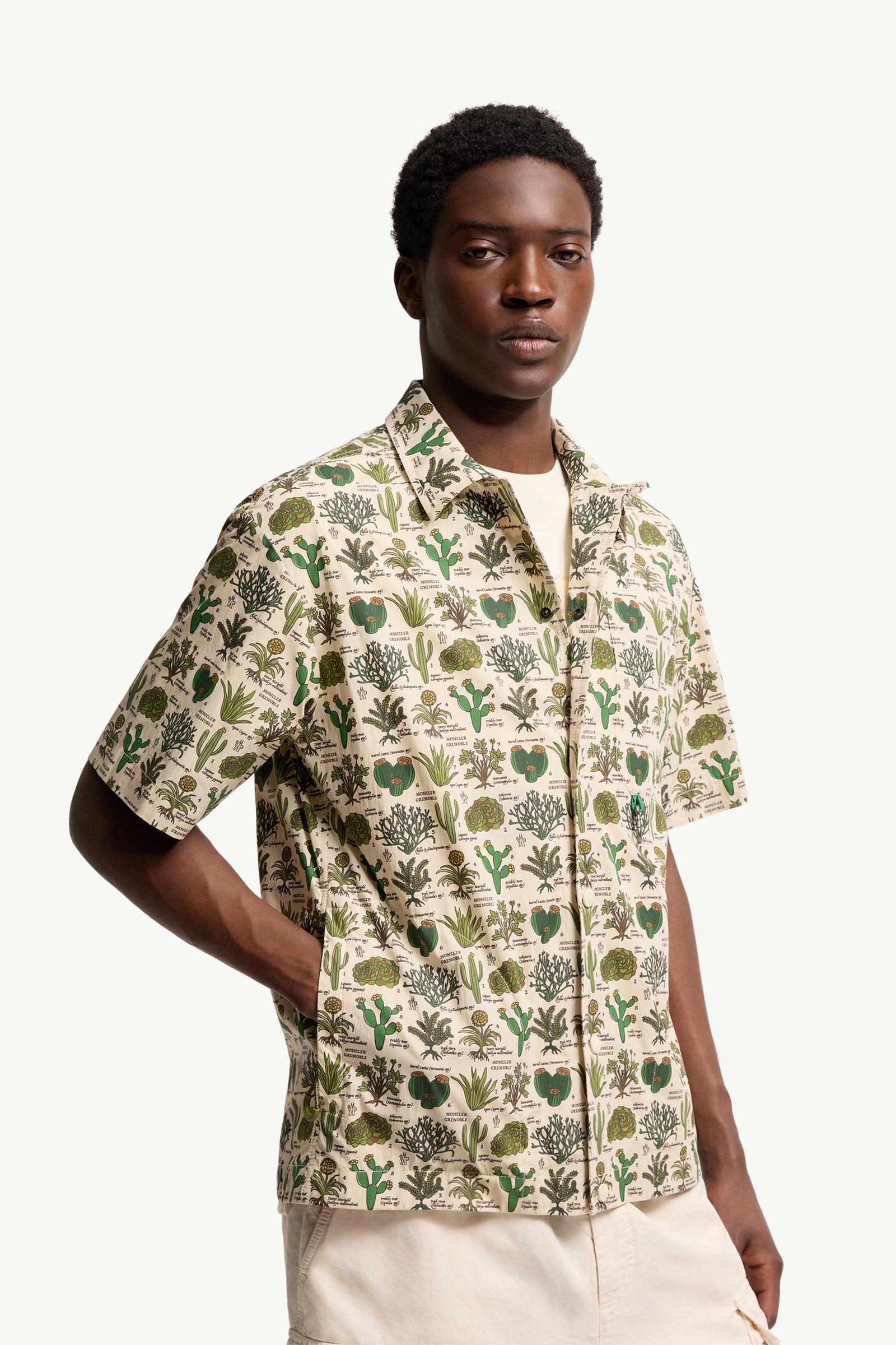 Moncler Botanical Print Cotton Blend Short Sleeve Shirt Brown & Green Brown & Green