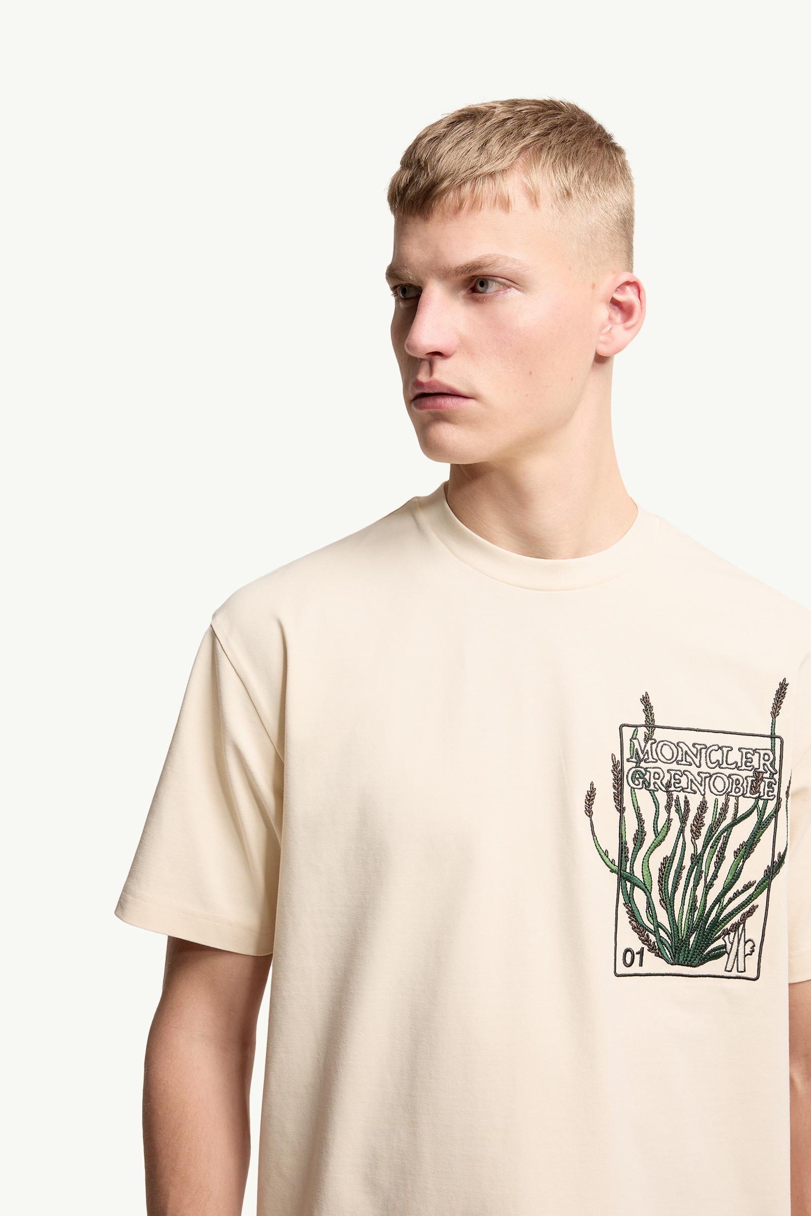 Moncler Embroidered Botanical Motif Cotton T-Shirt White Ivory White Ivory