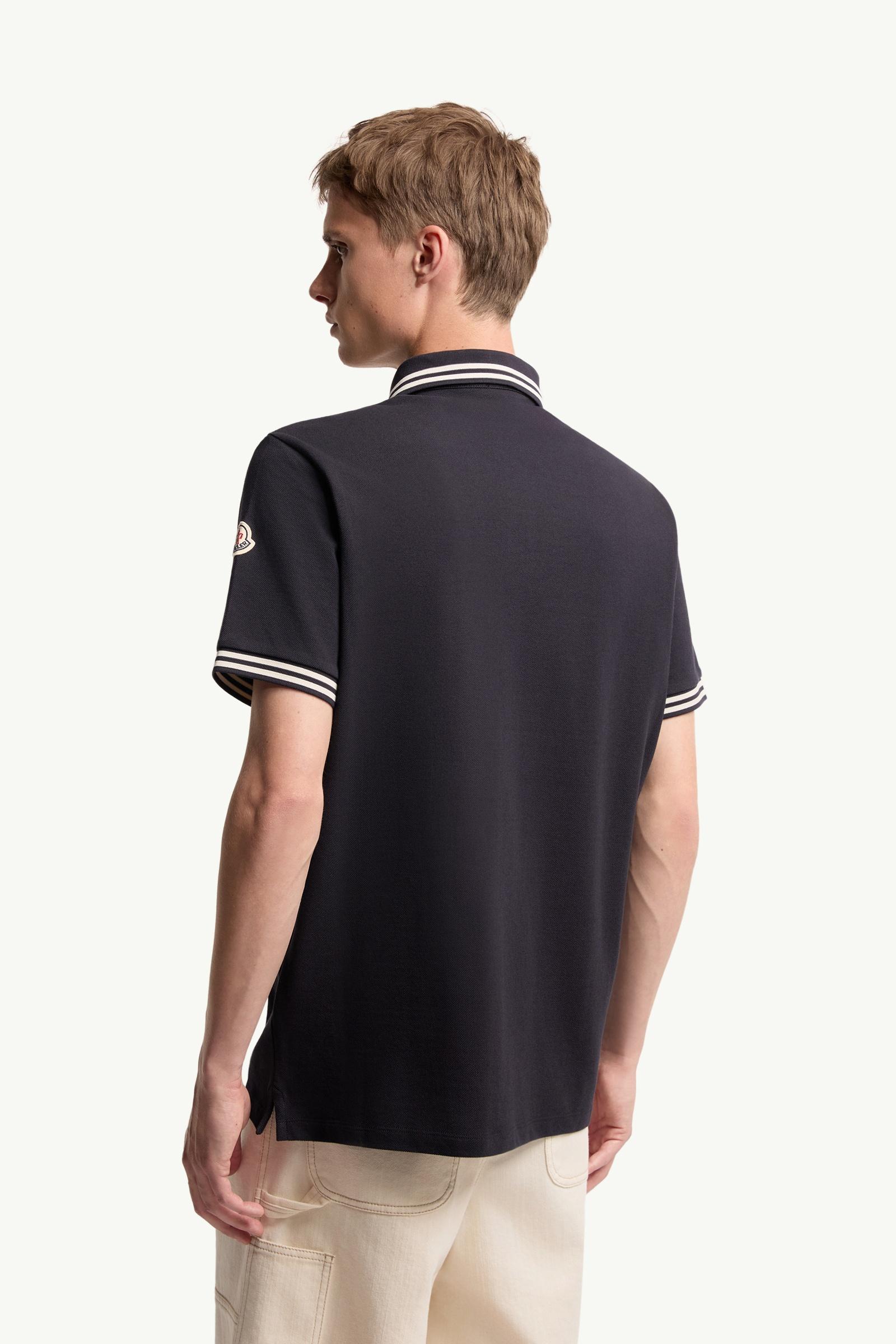 Moncler Striped Trim Cotton Piquet Polo Shirt Dark Blue Dark Blue