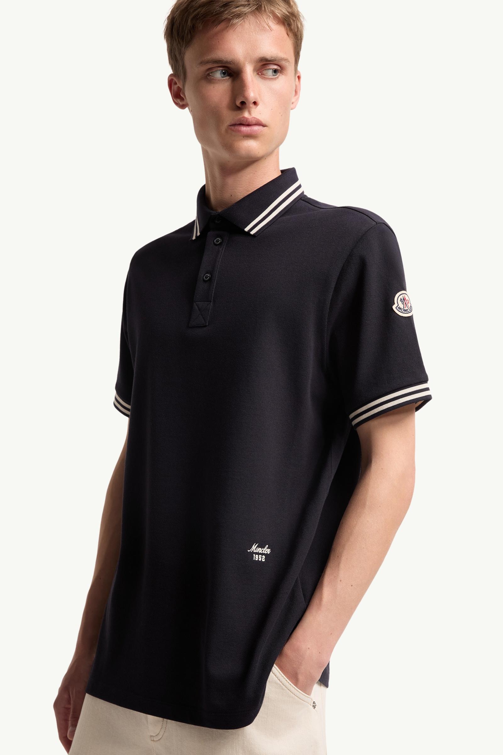 Moncler Striped Trim Cotton Piquet Polo Shirt Dark Blue Dark Blue