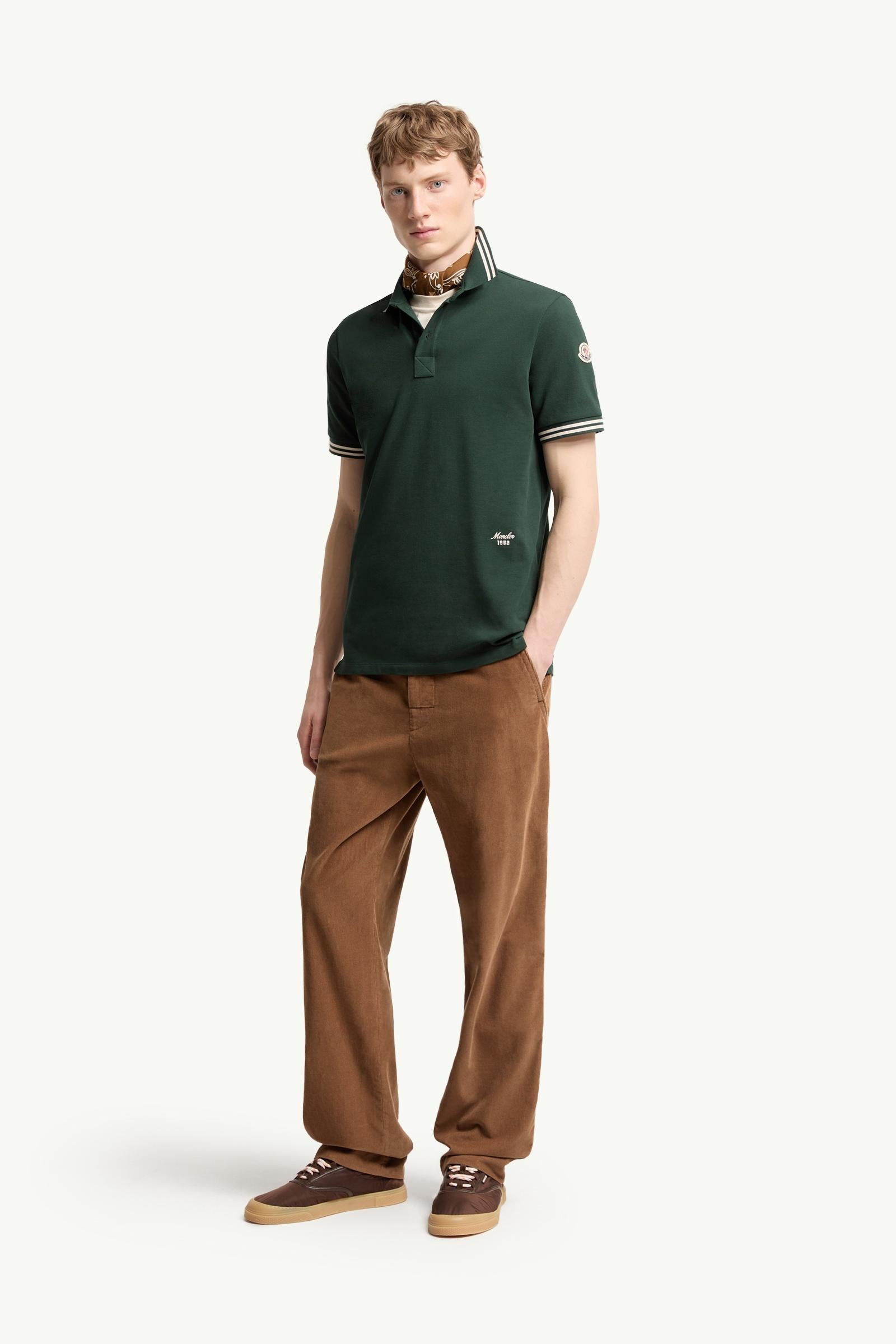 Moncler Striped Trim Cotton Piquet Polo Shirt Dark Green Dark Green