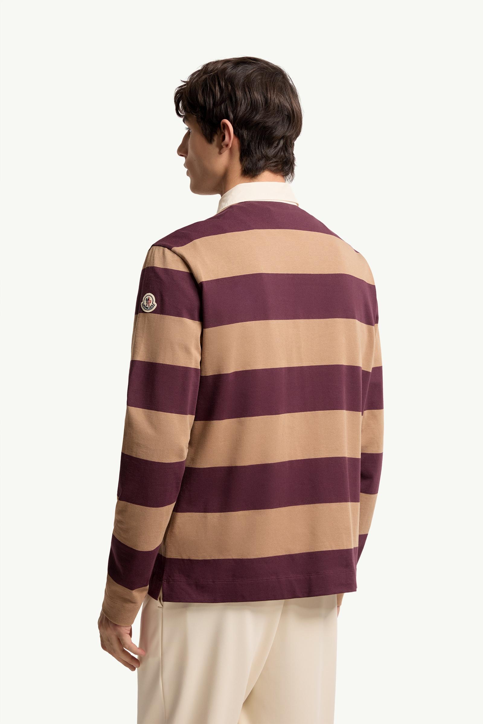 Moncler Striped Cotton Long Sleeve Polo Shirt Beige & Burgundy Beige & Burgundy
