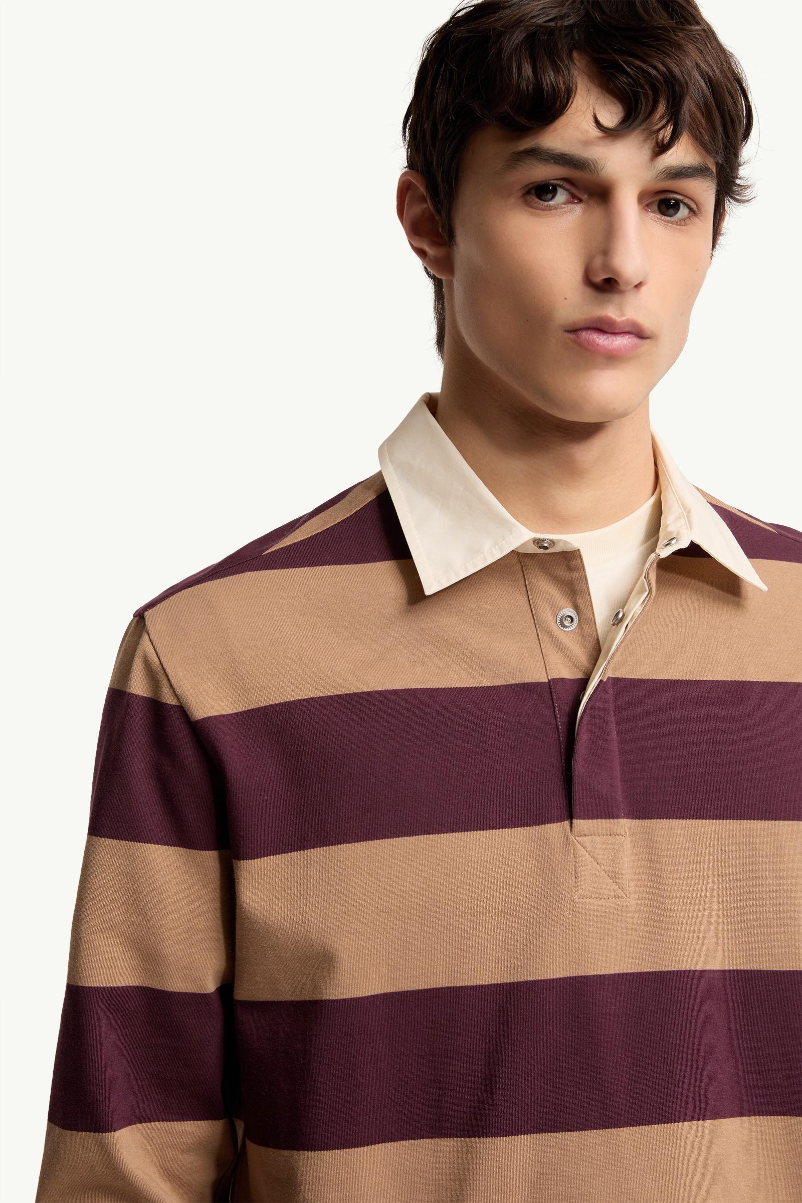 Moncler Striped Cotton Long Sleeve Polo Shirt Beige & Burgundy Beige & Burgundy