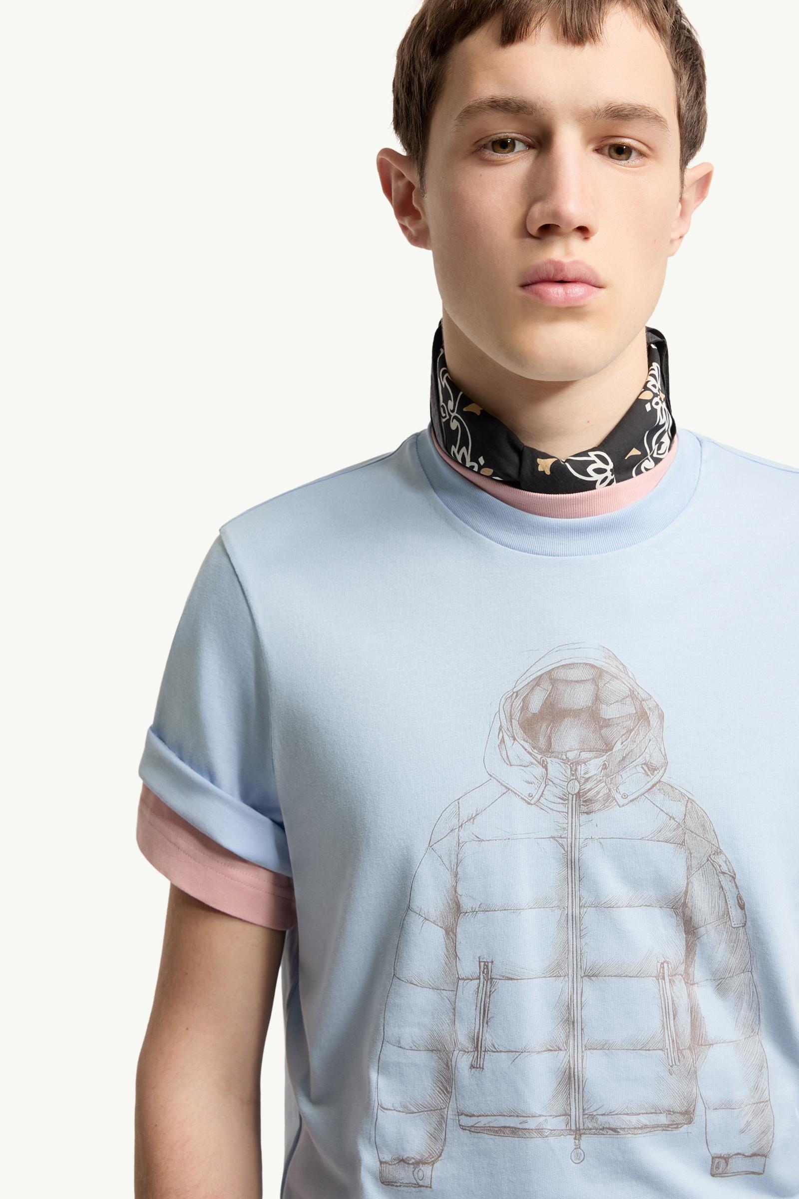 Moncler Down Jacket Print Cotton T-Shirt Light Blue Light Blue