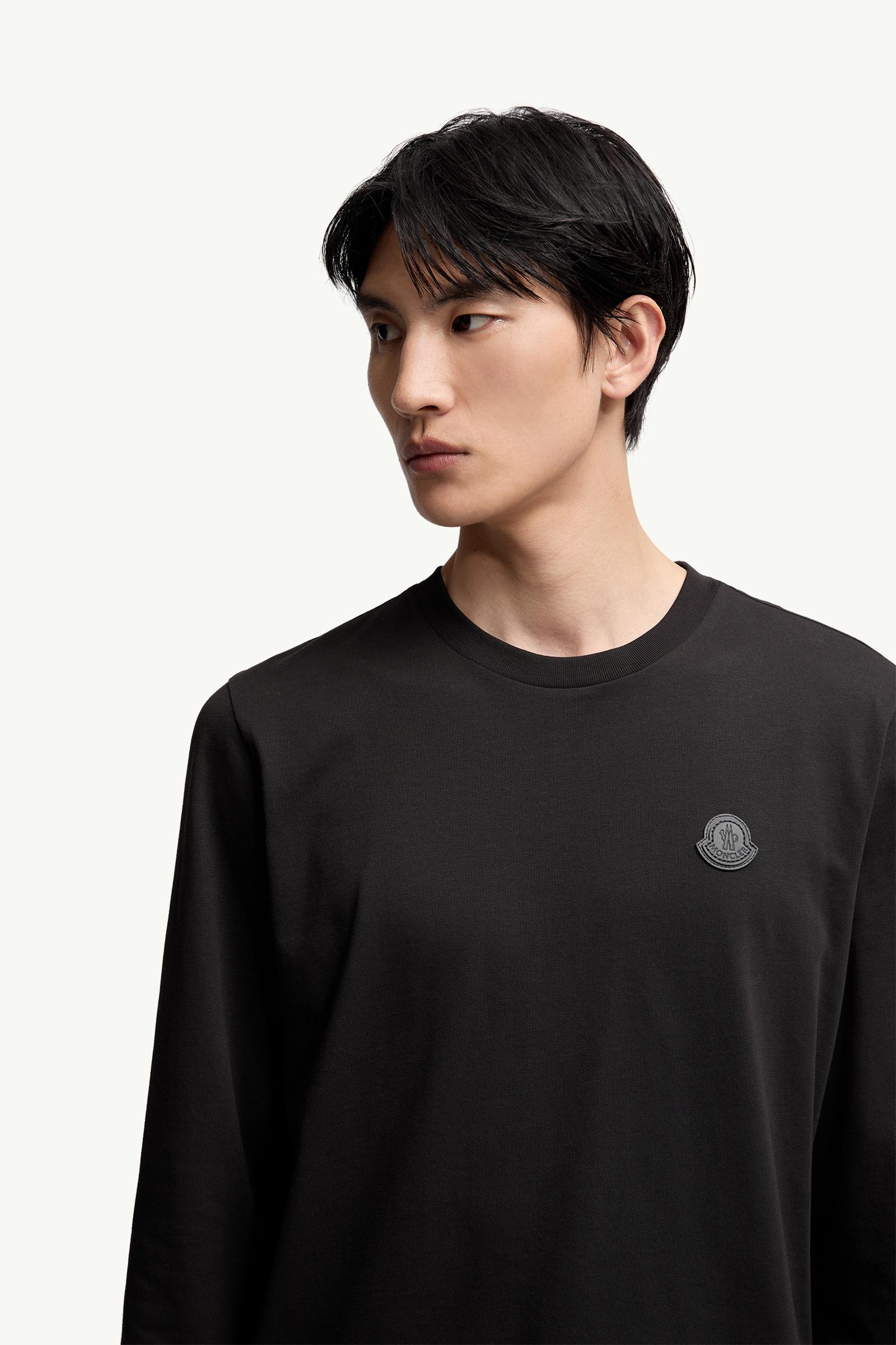 Moncler Leather Logo Long Sleeve Cotton T-Shirt Black Black