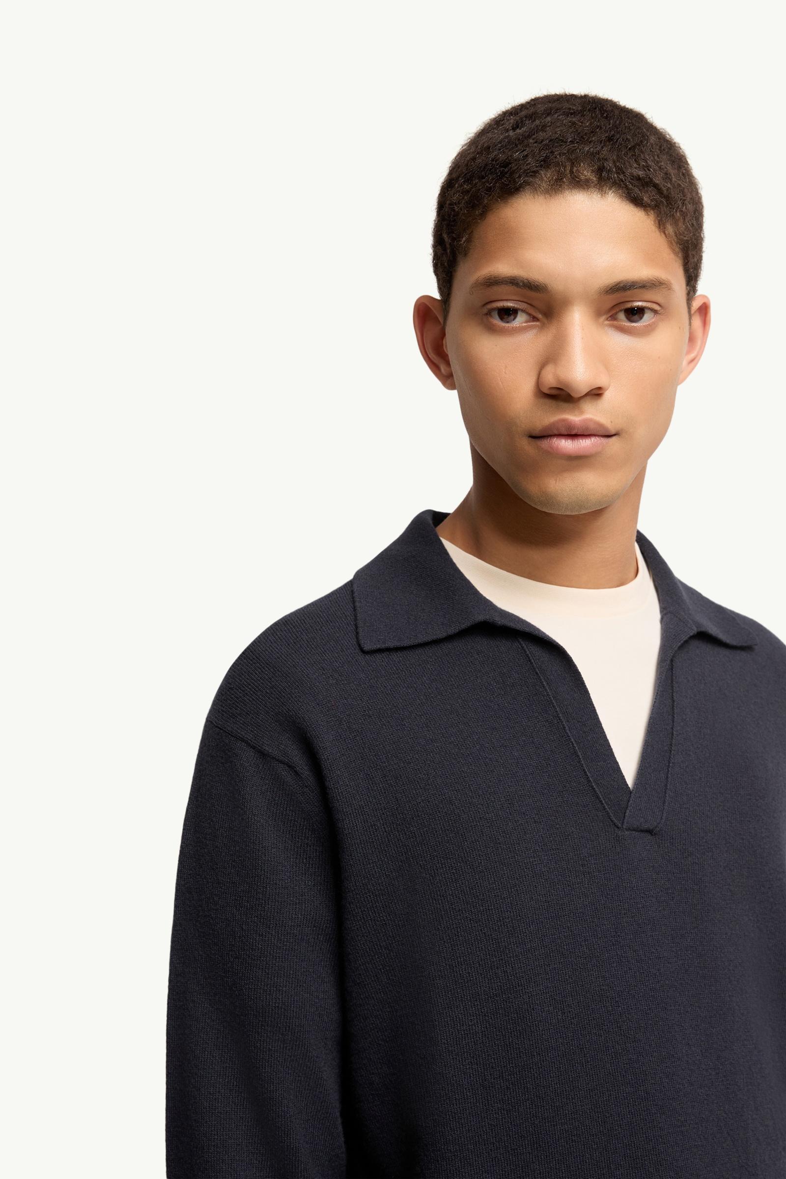 Moncler Wool & Cashmere Long Sleeve Polo Shirt Navy Blue Navy Blue