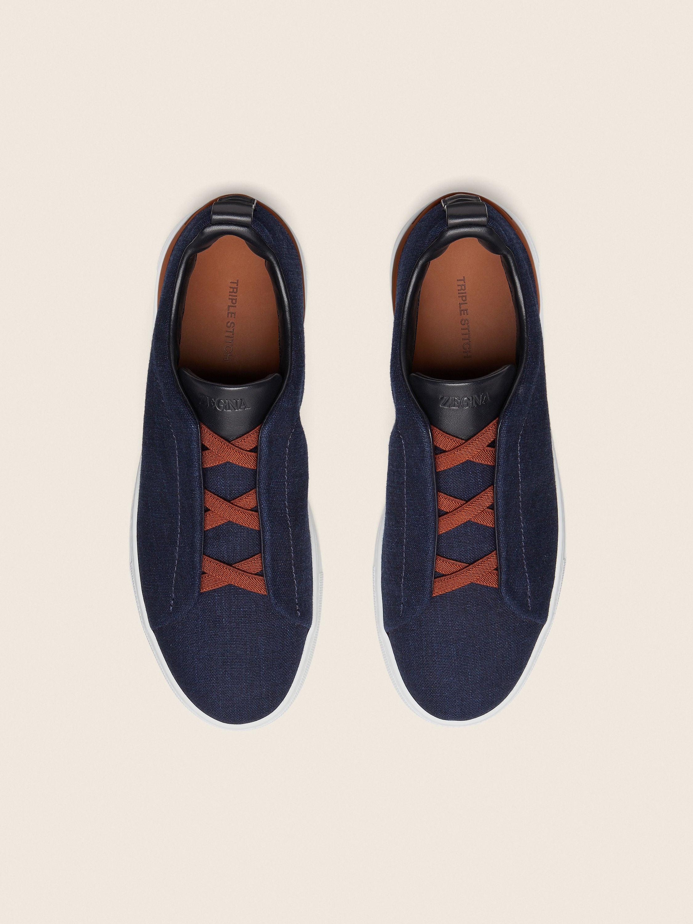 Zegna Navy Blue Cotton Denim Triple Stitch Sneakers