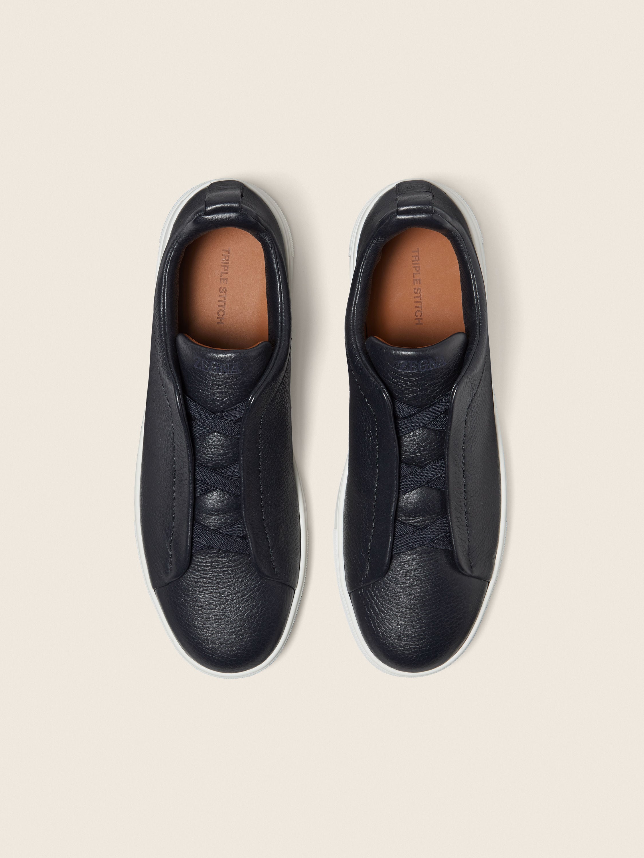 Zegna Navy Blue Deerskin Triple Stitch Sneakers