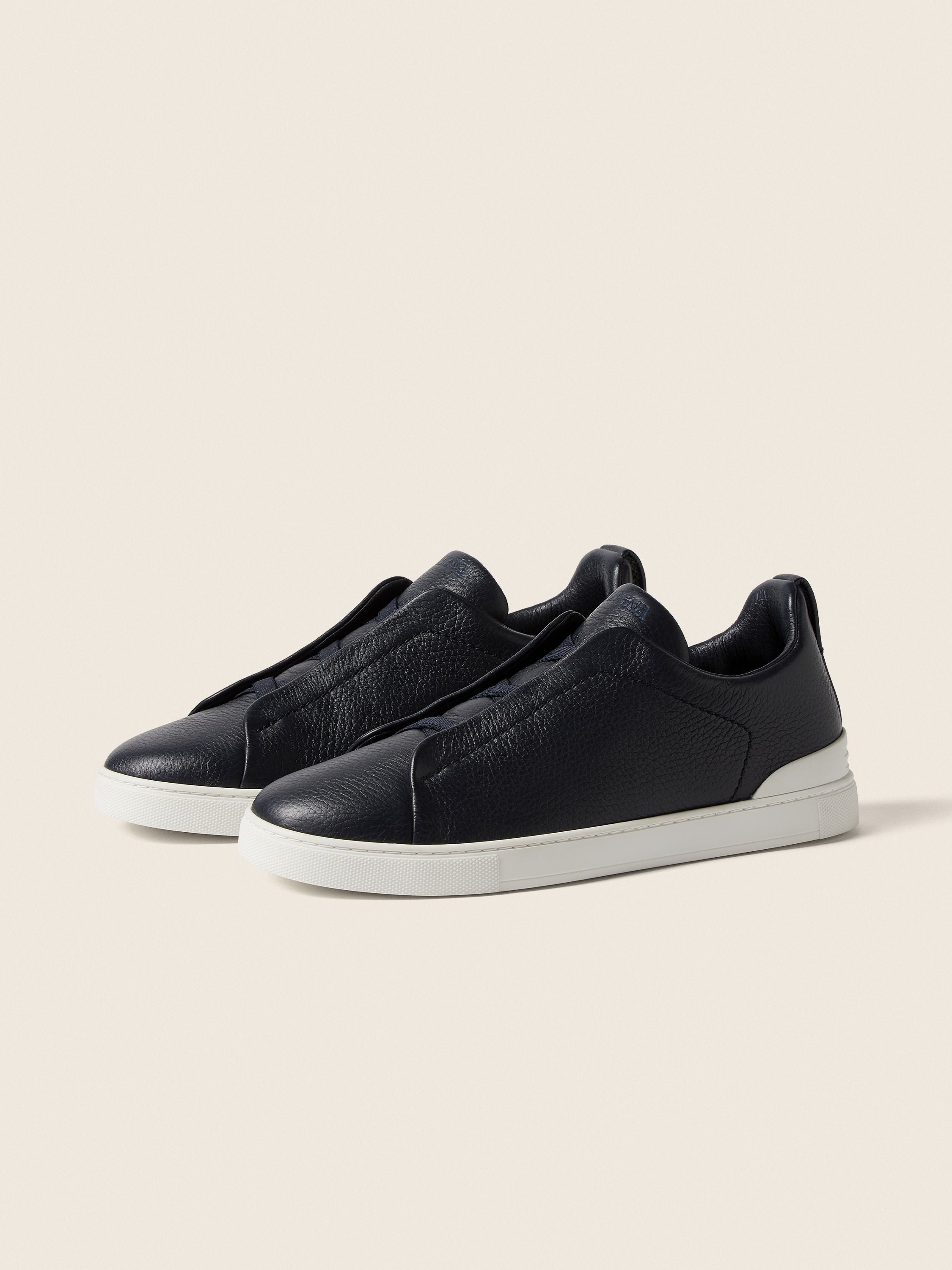 Zegna Navy Blue Deerskin Triple Stitch Sneakers