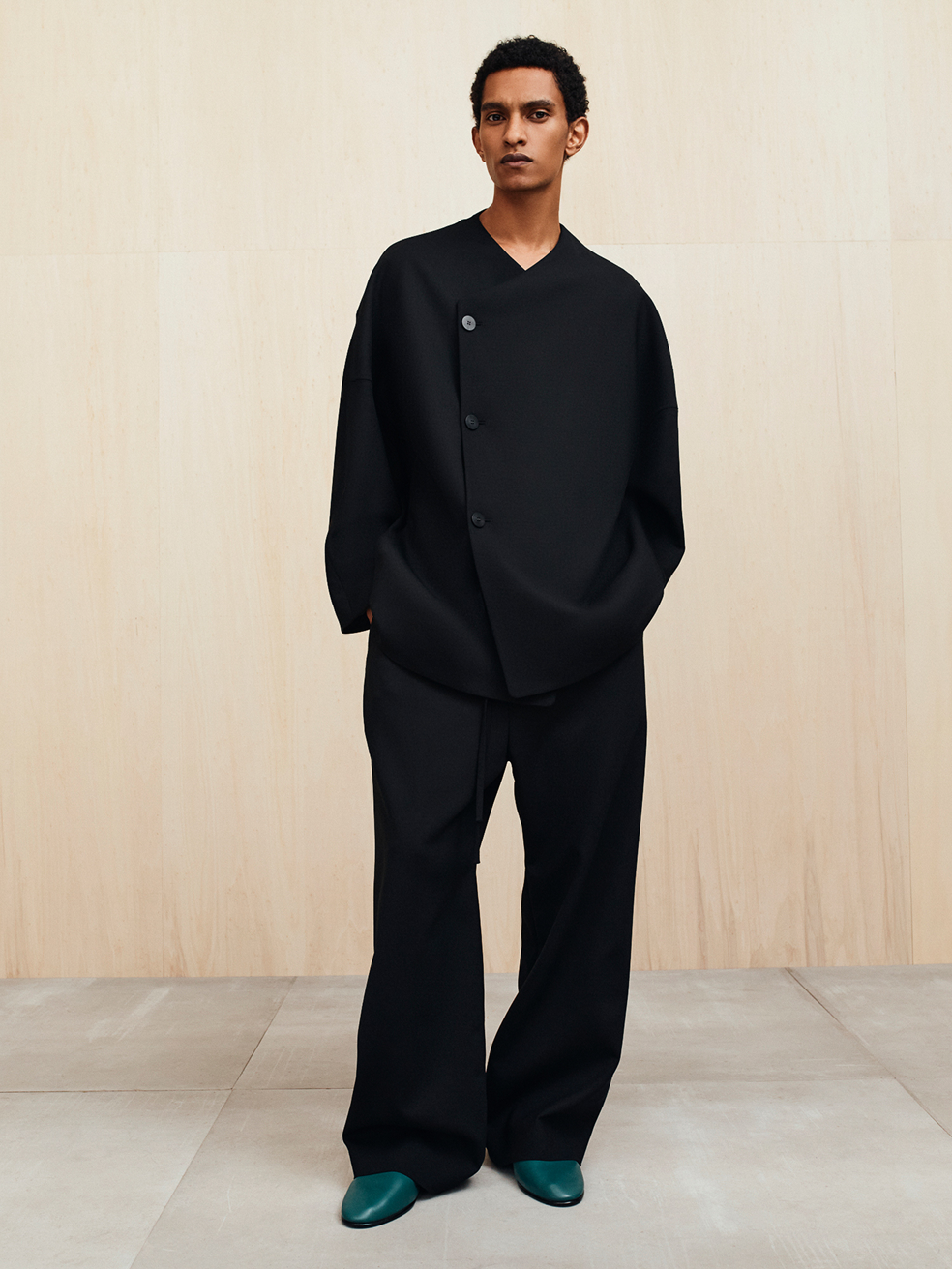 Essentials Double Weave Wool Wide Leg Drawstring Pants Black