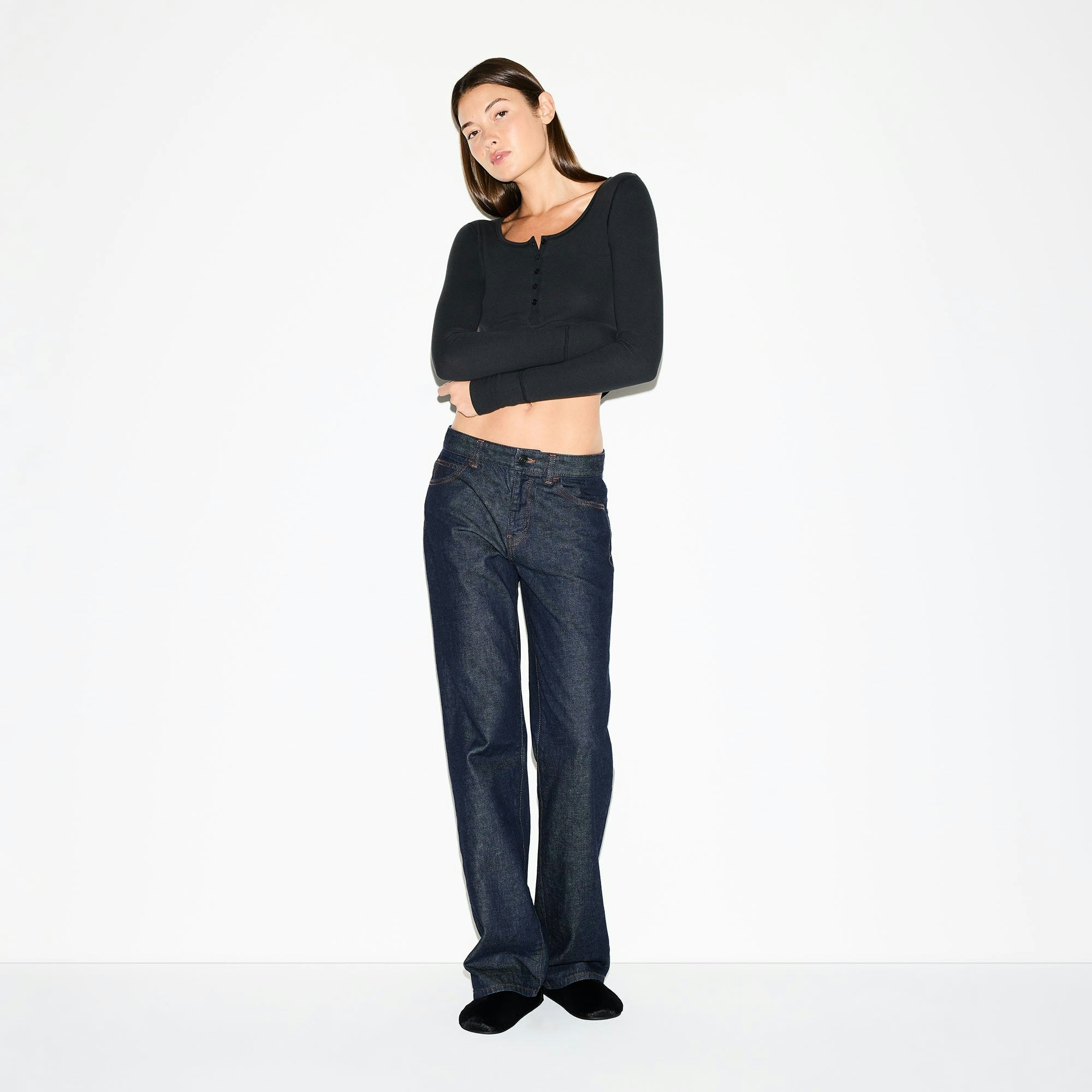 Skims Cotton Rib Scoop Neck Henley Soot