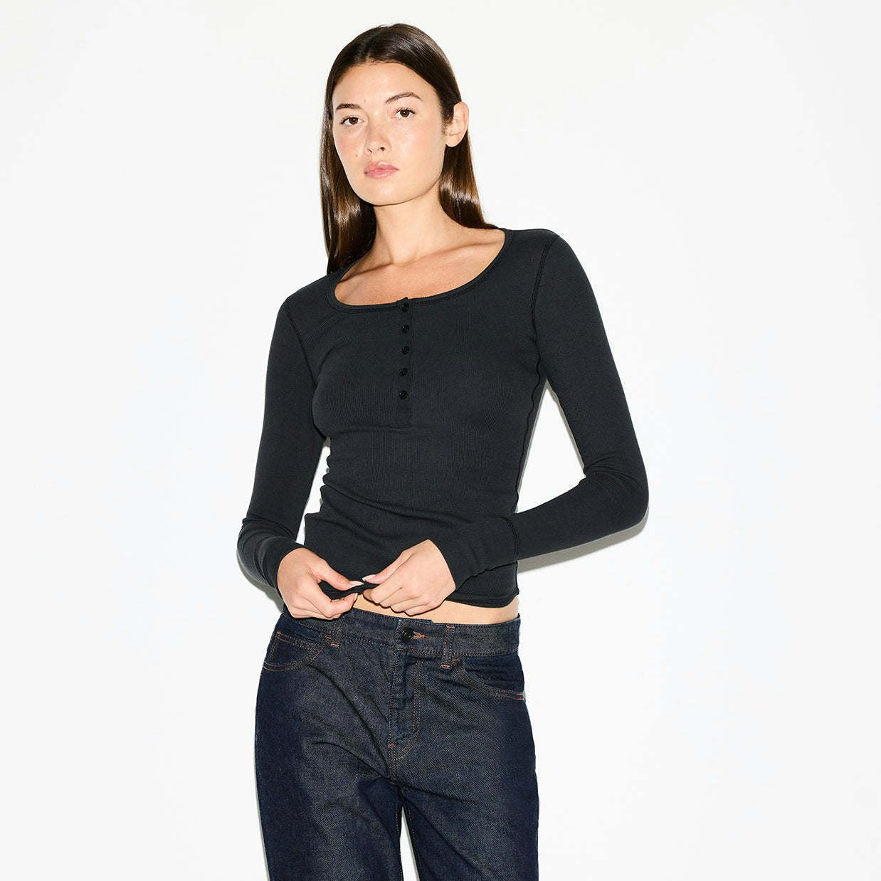 Skims Cotton Rib Scoop Neck Henley Soot
