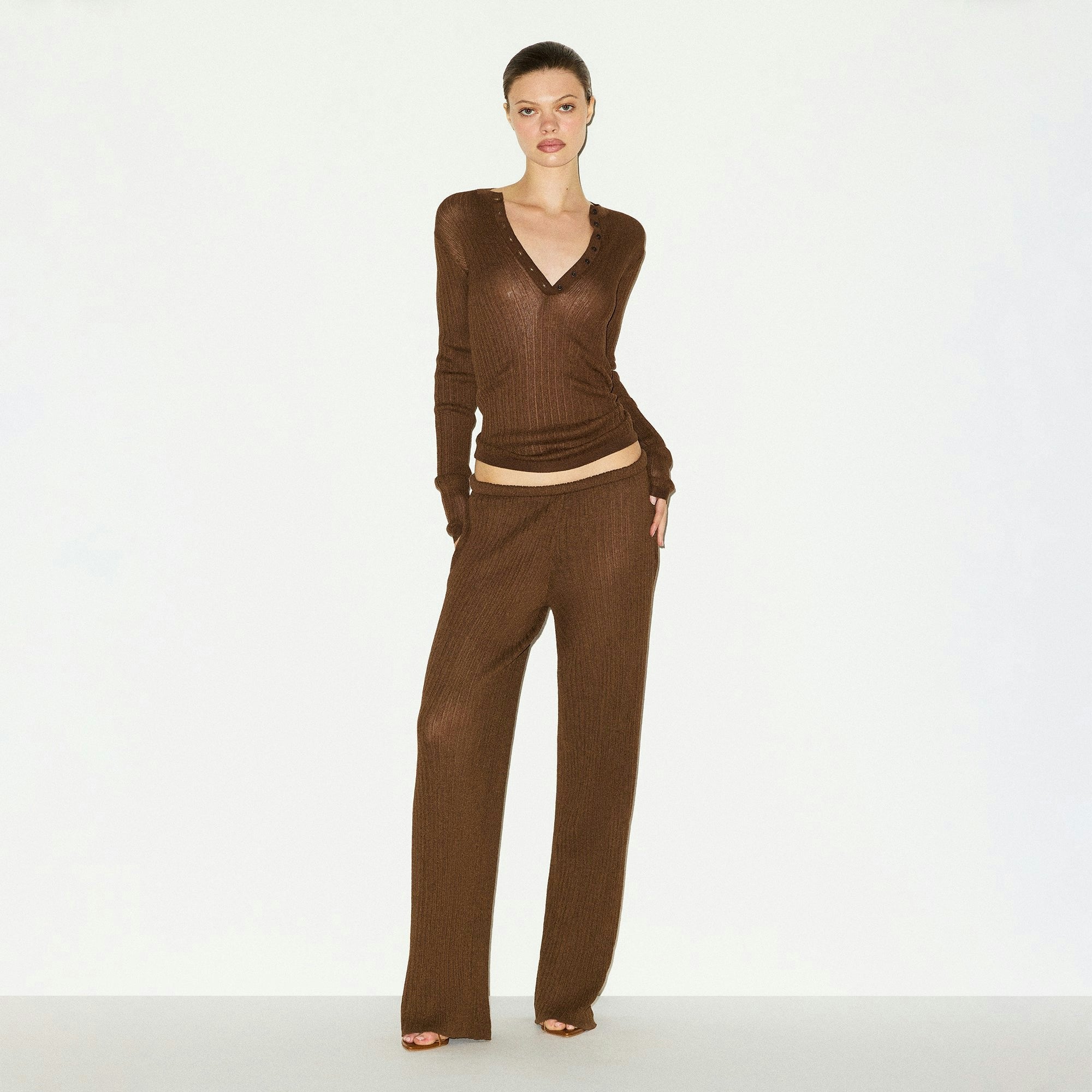 Skims Sheer Knit Long Sleeve Henley Bison