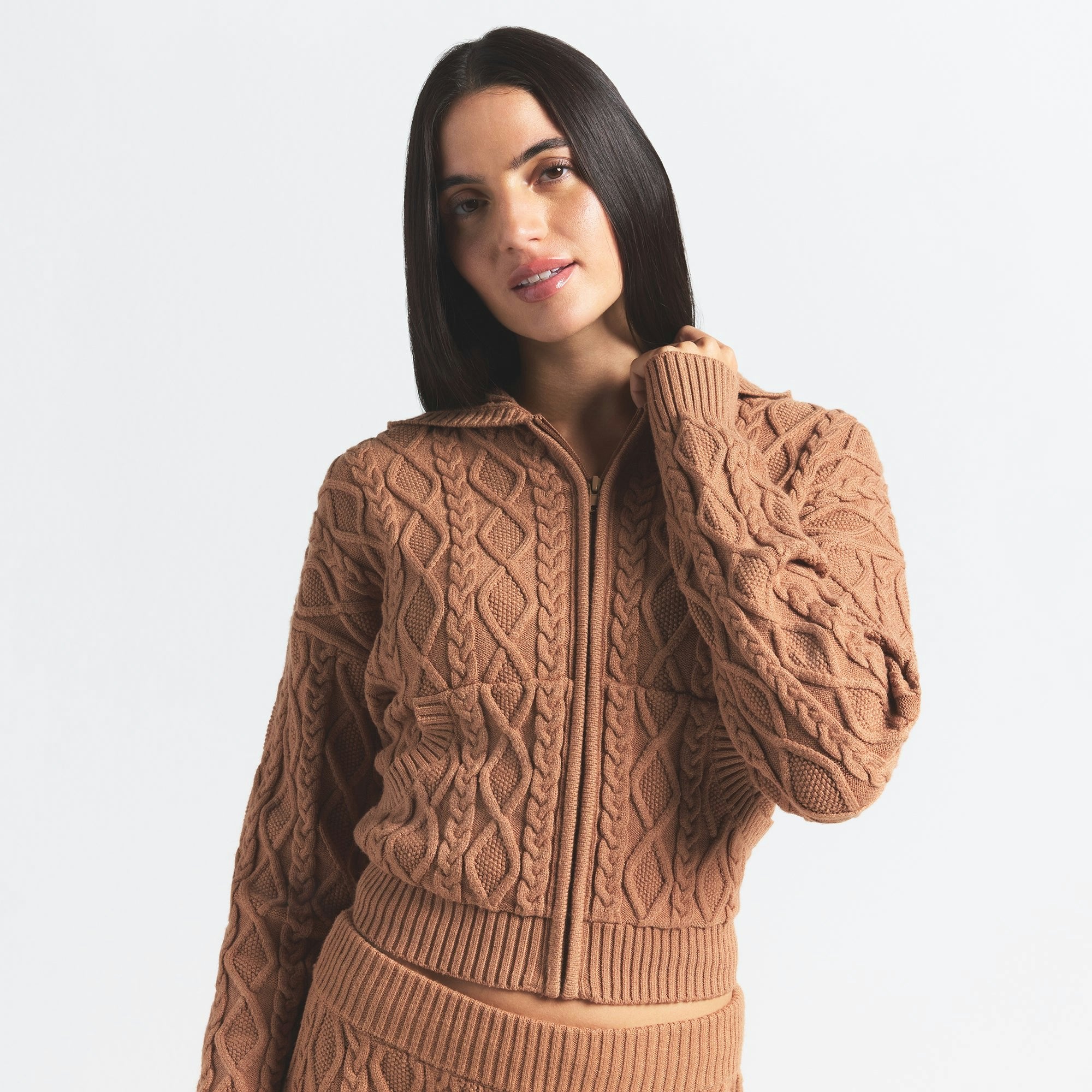 Skims Sweater Knits Cable Knit Shrunken Zip Up Hoodie Dark Honey
