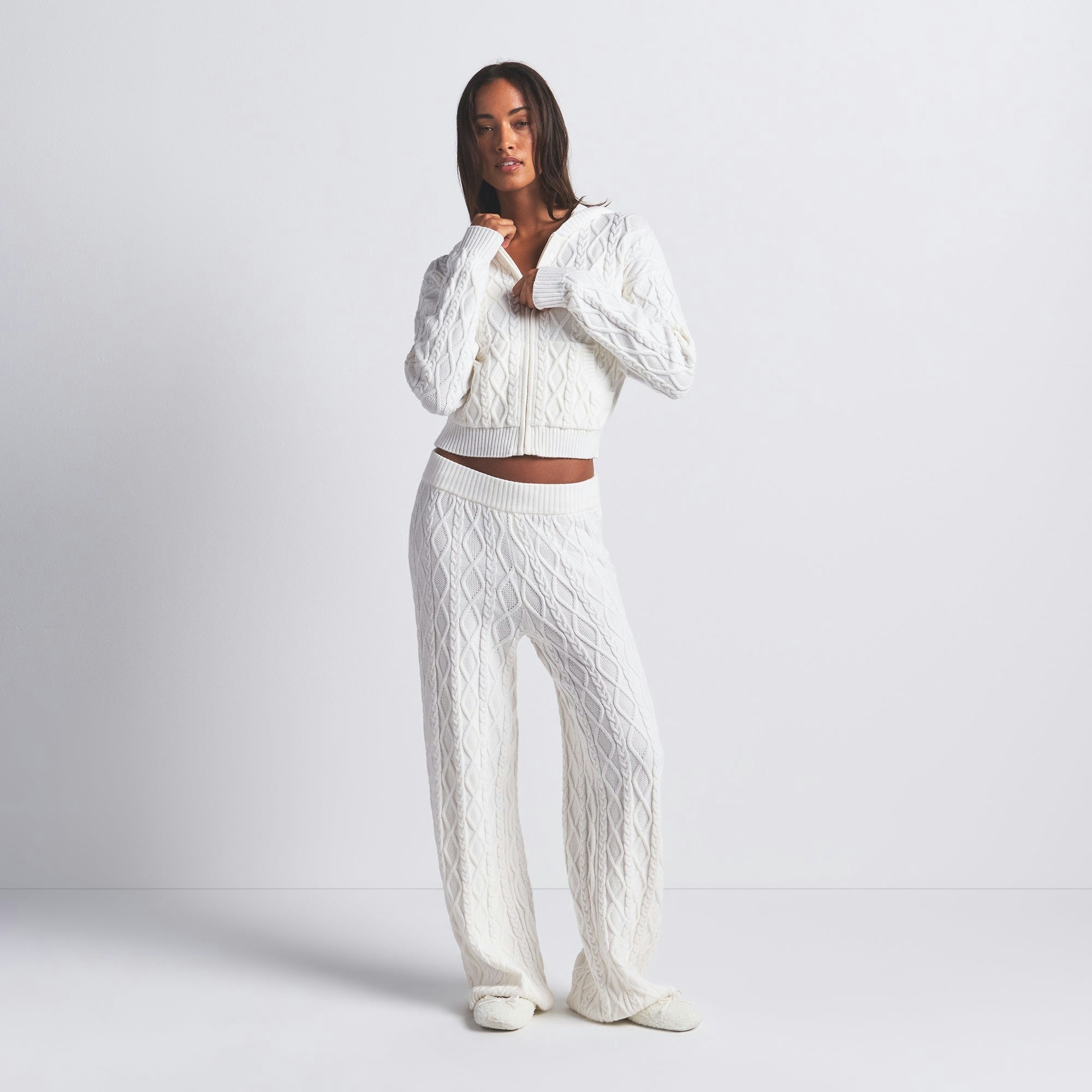 Skims Sweater Knits Cable Knit Shrunken Zip Up Hoodie Ivory