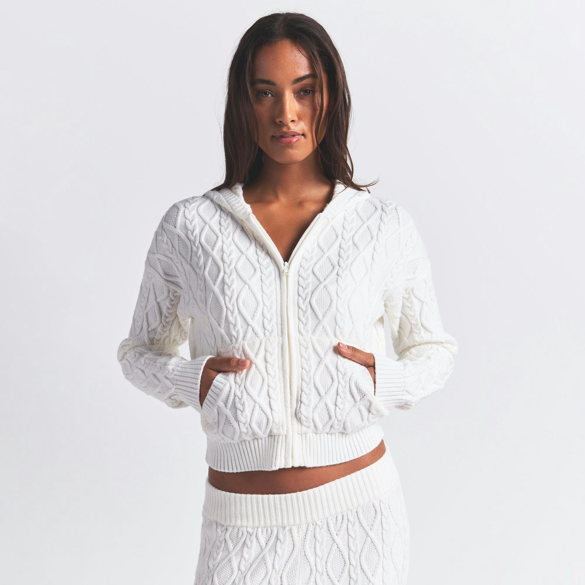 Skims Sweater Knits Cable Knit Shrunken Zip Up Hoodie Ivory