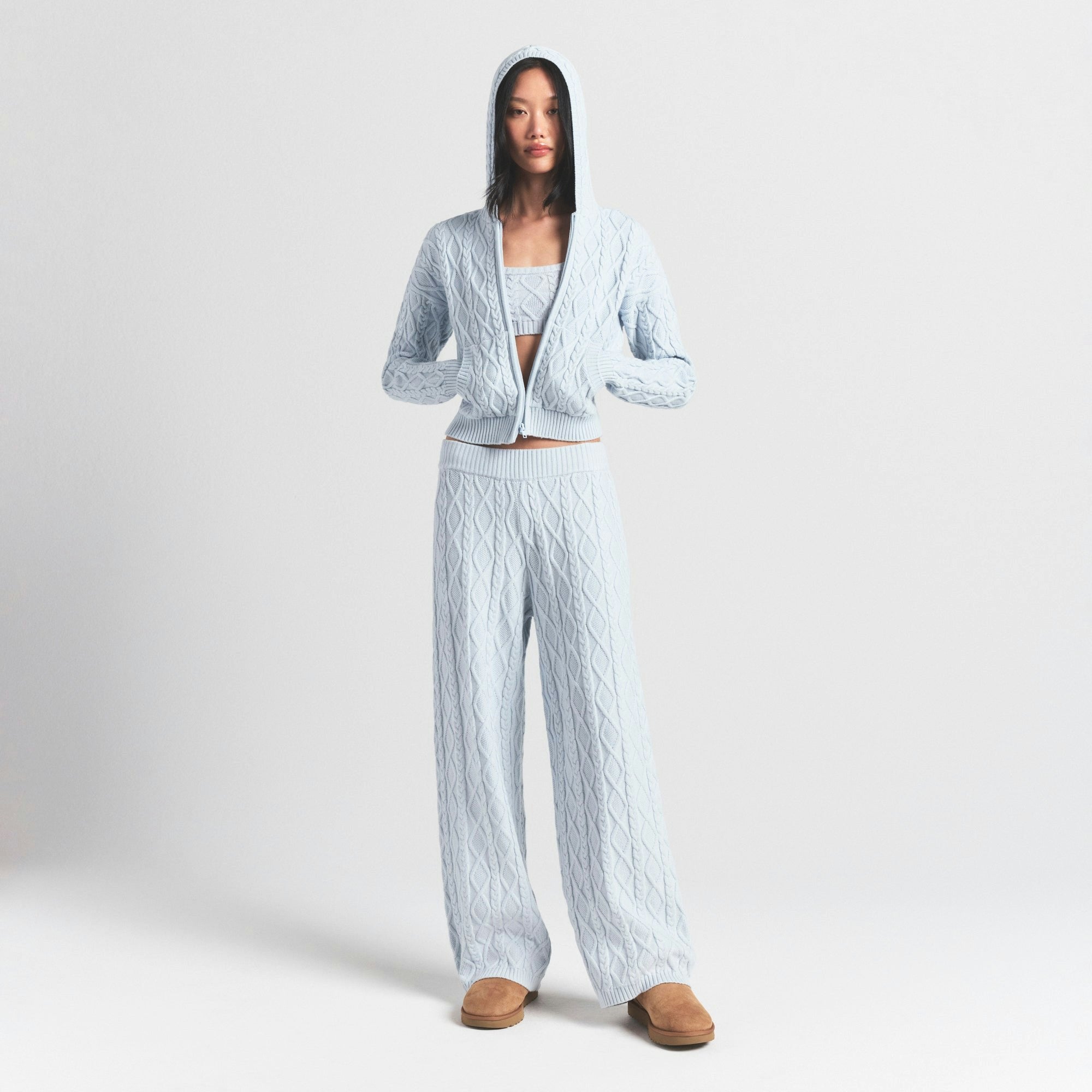 Skims Sweater Knits Cable Knit Shrunken Zip Up Hoodie Zen Blue