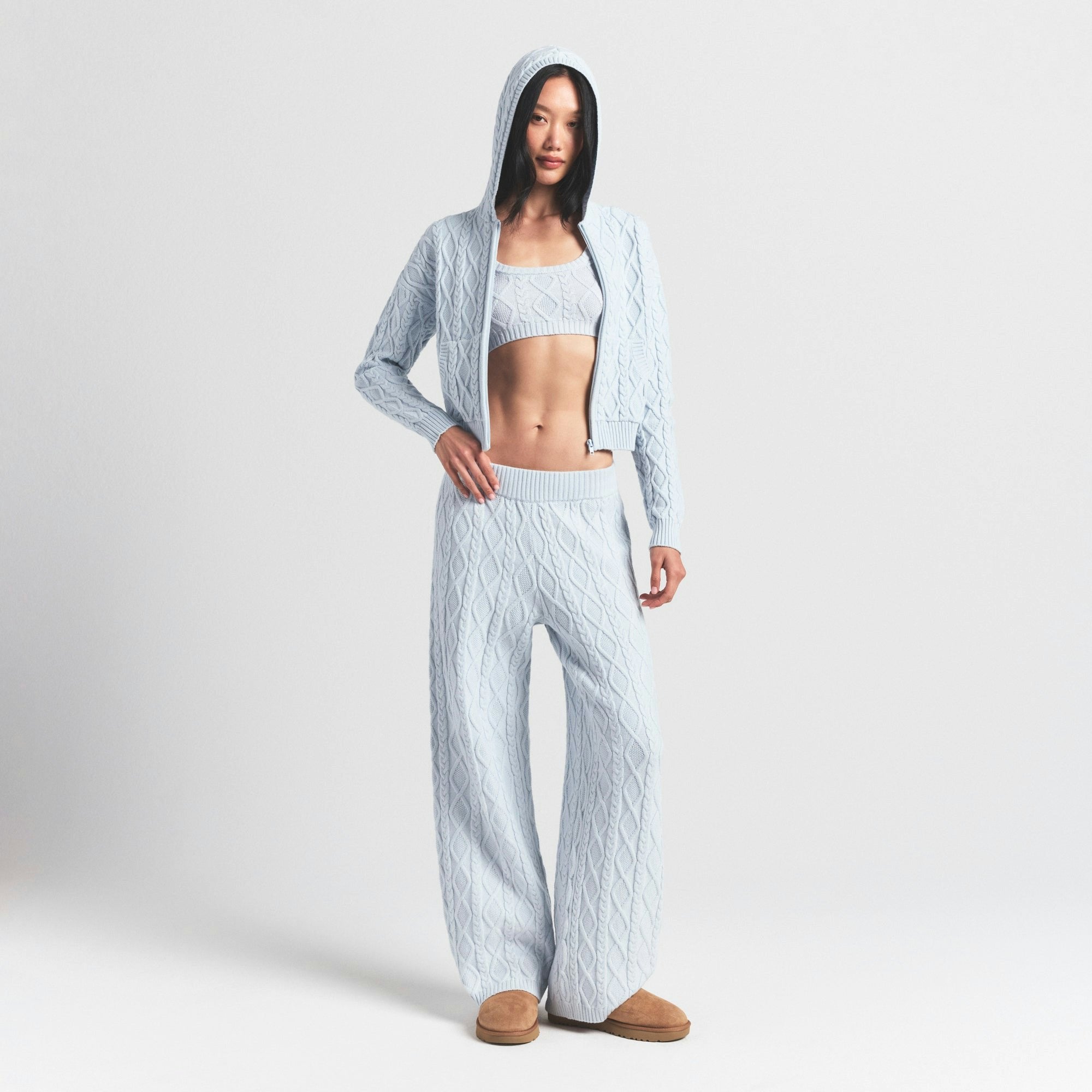 Skims Sweater Knits Cable Knit Shrunken Zip Up Hoodie Zen Blue