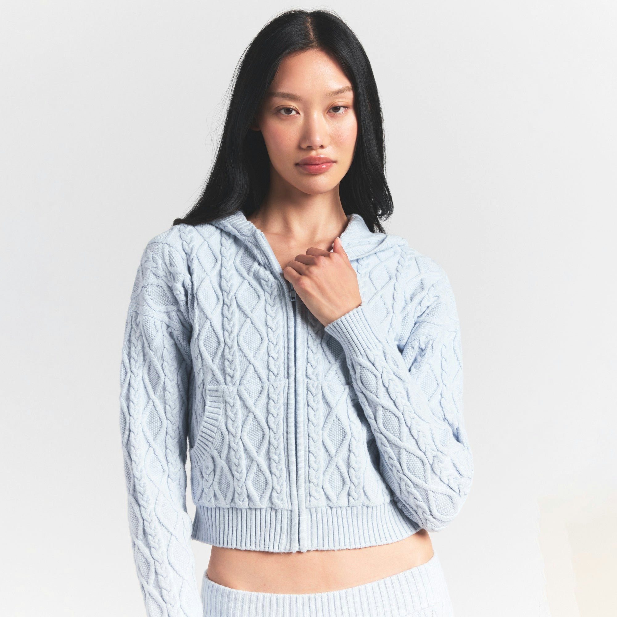 Skims Sweater Knits Cable Knit Shrunken Zip Up Hoodie Zen Blue