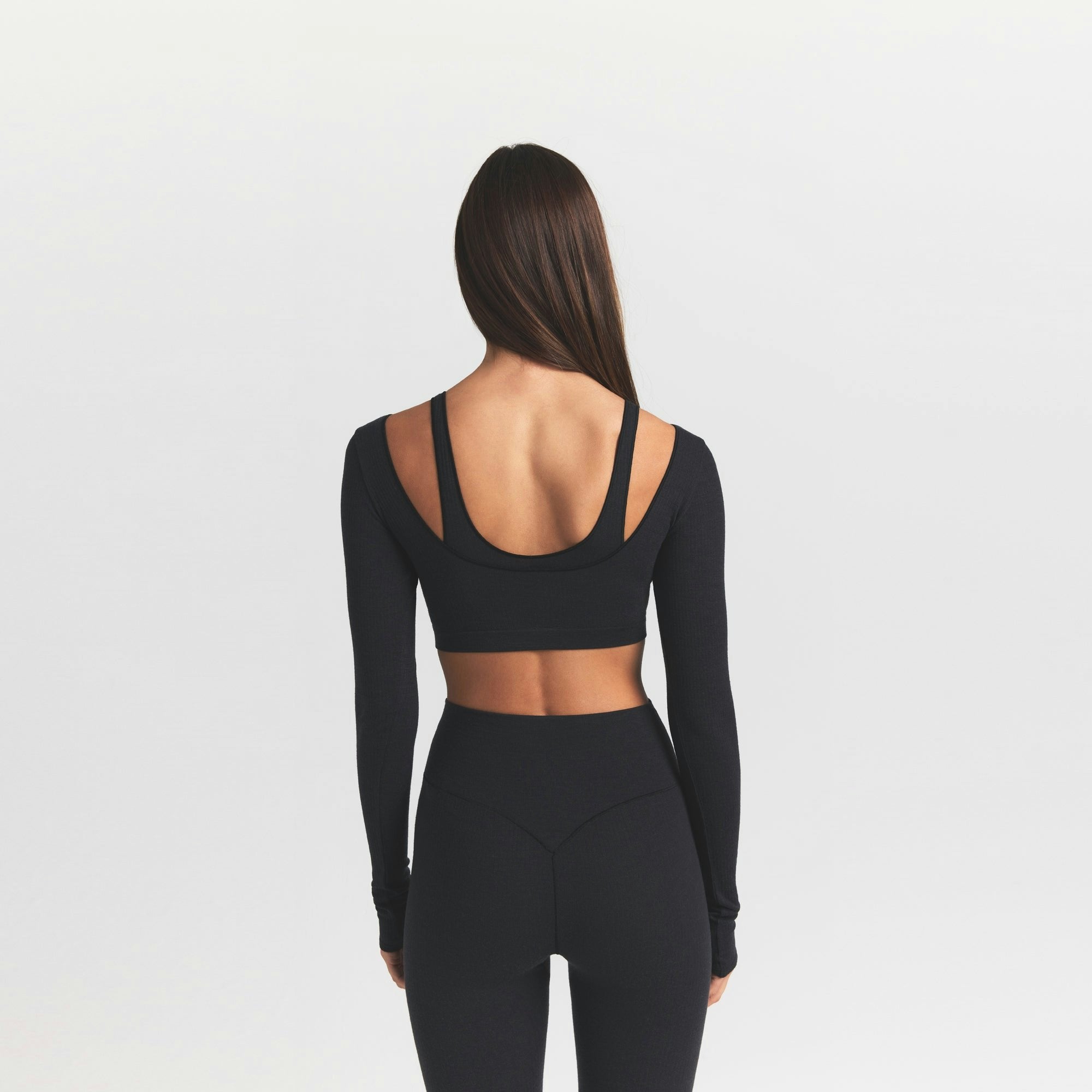 Skims Wool Rib Long Sleeve Super Cropped Top Obsidian