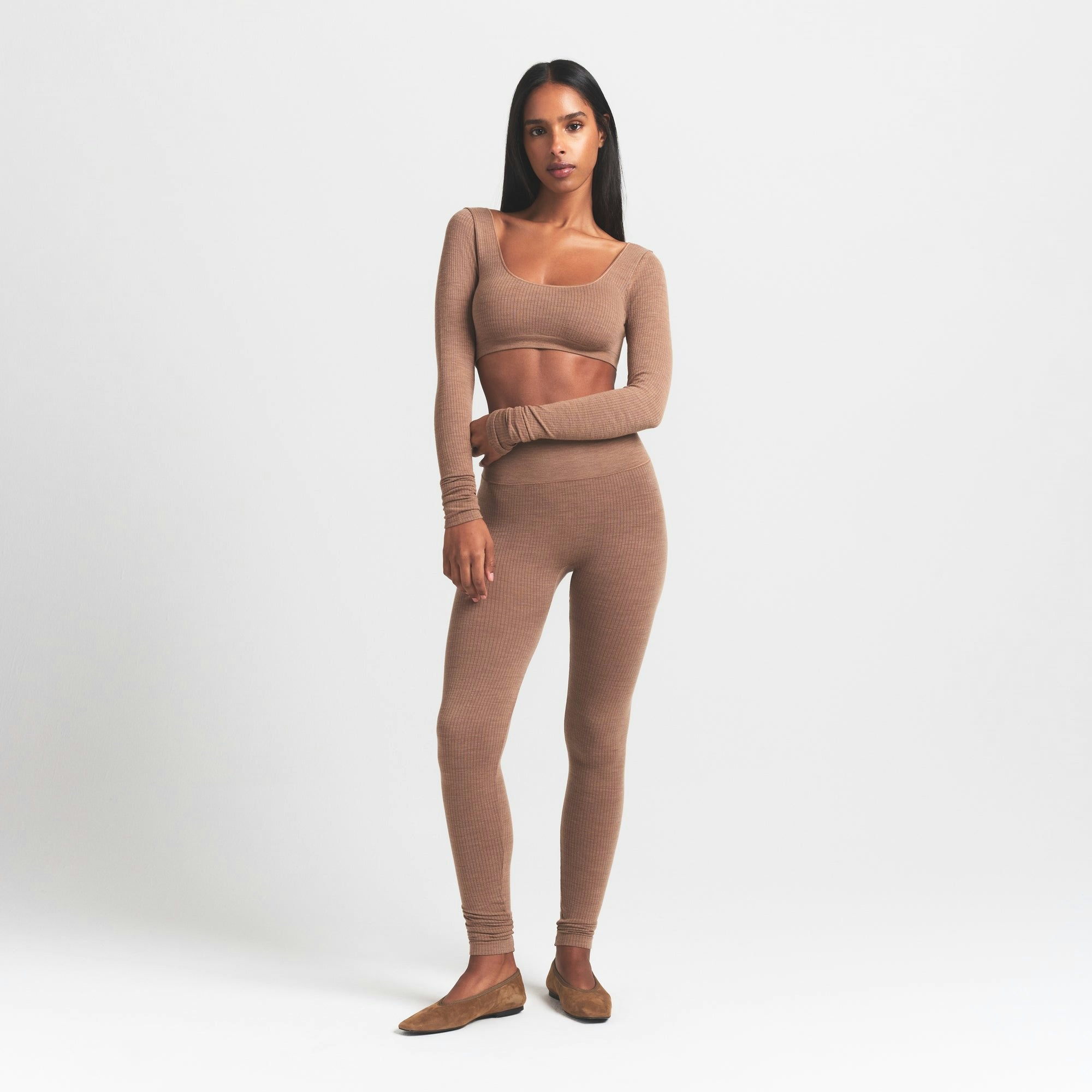 Skims Wool Rib Long Sleeve Super Cropped Top Sienna