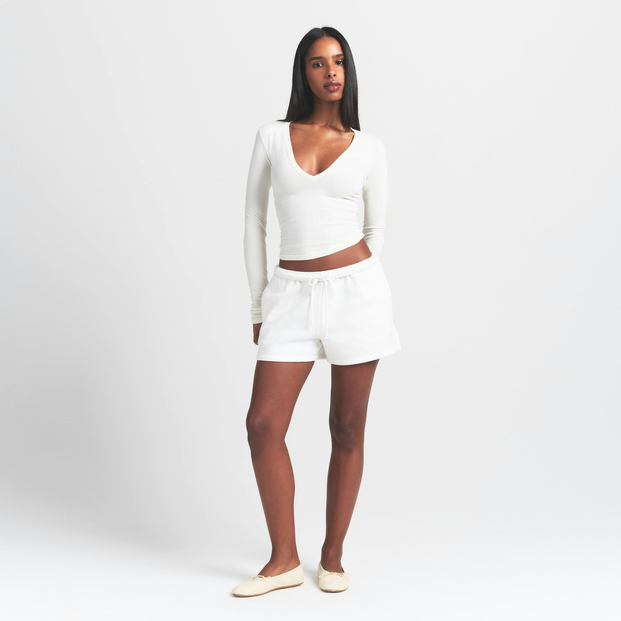 Skims Cotton Jersey Long Sleeve Plunge Top Marble