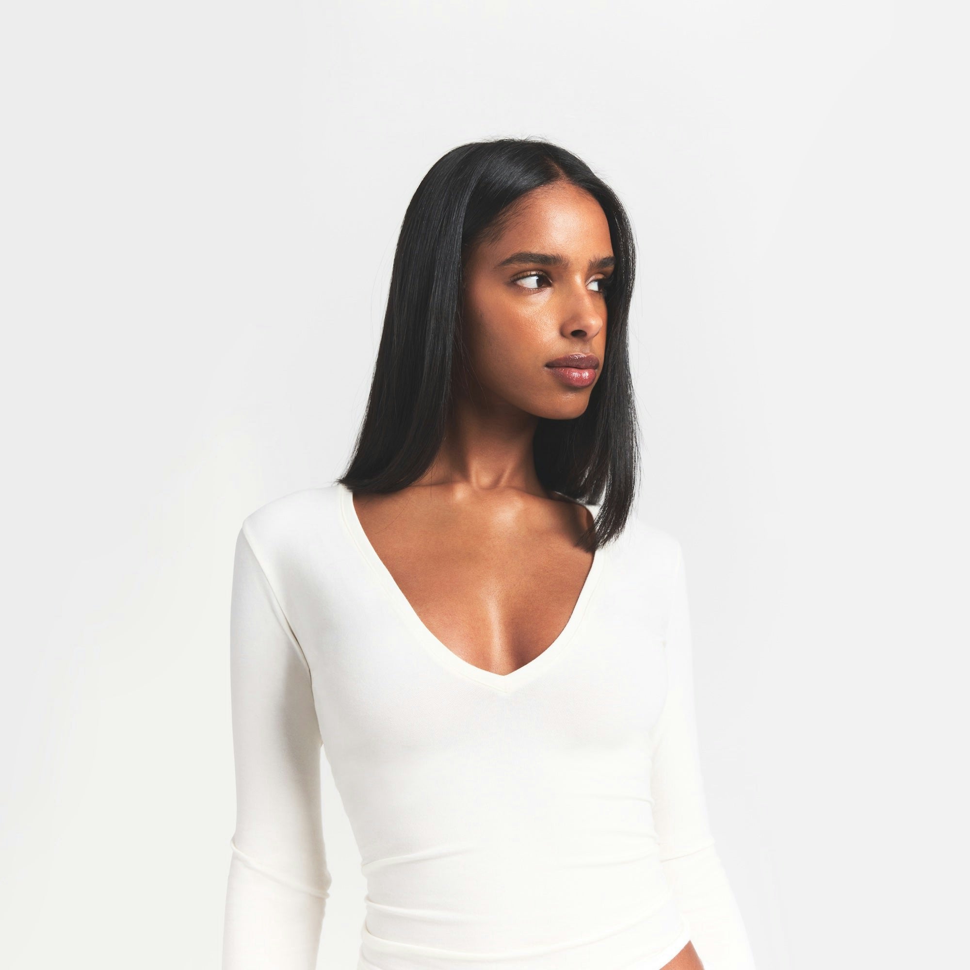 Skims Cotton Jersey Long Sleeve Plunge Top Marble