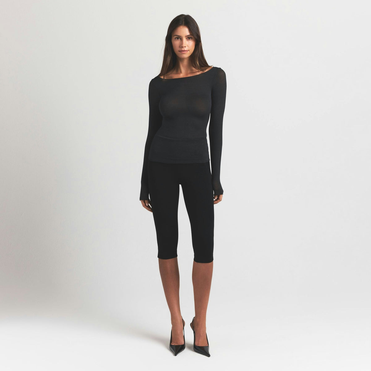 Skims Sheer Modal Long Sleeve Boatneck Top Onyx