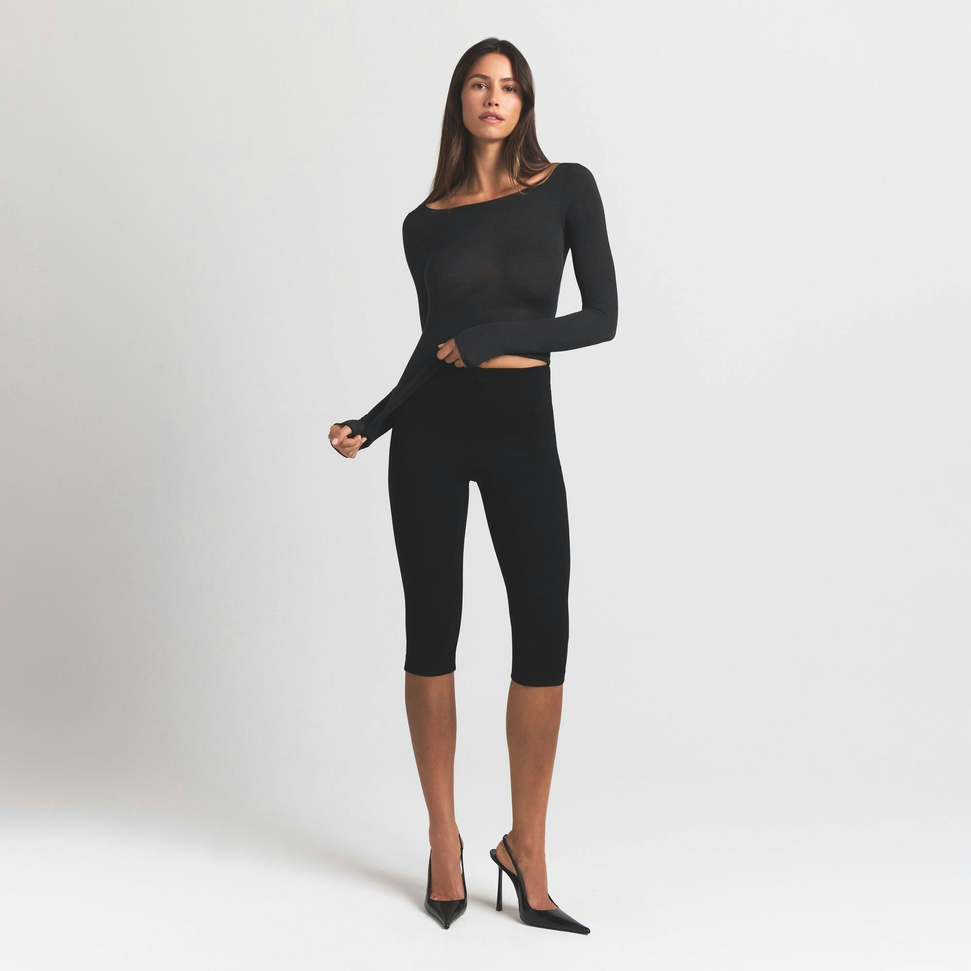 Skims Sheer Modal Long Sleeve Boatneck Top Onyx