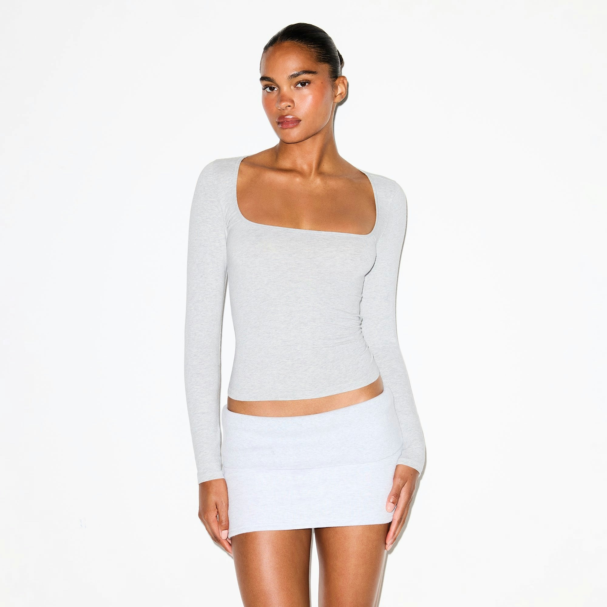 Skims Cotton Jersey Scoop Neck Long Sleeve Top Light Heather Grey