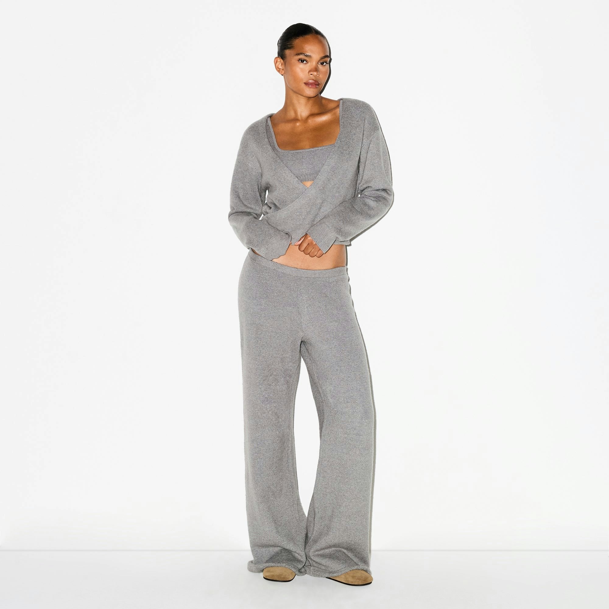 Skims Textured Knit Wrap Sweater Dark Heather Grey