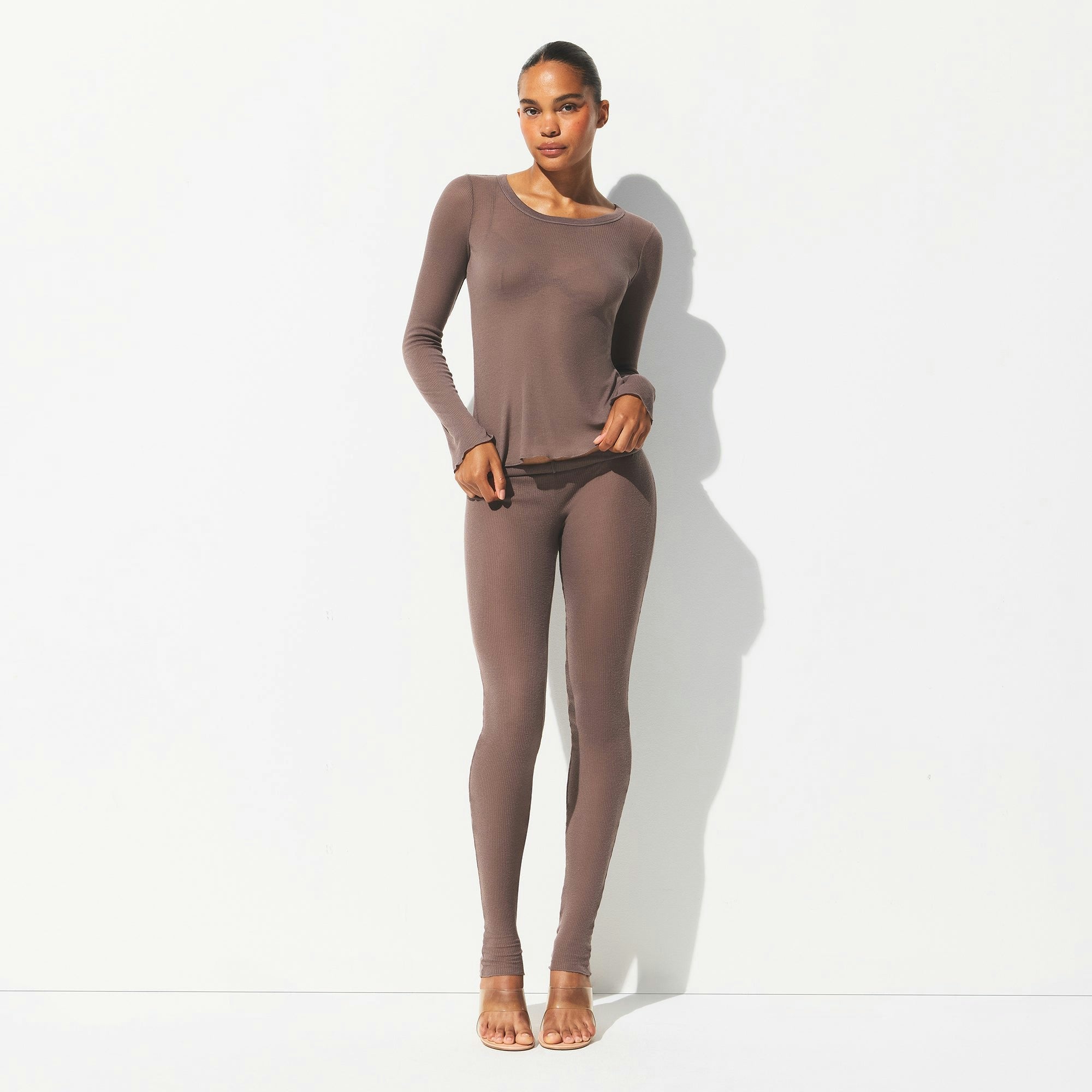 SHEER RIB LONG SLEEVE CREW NECK TOP