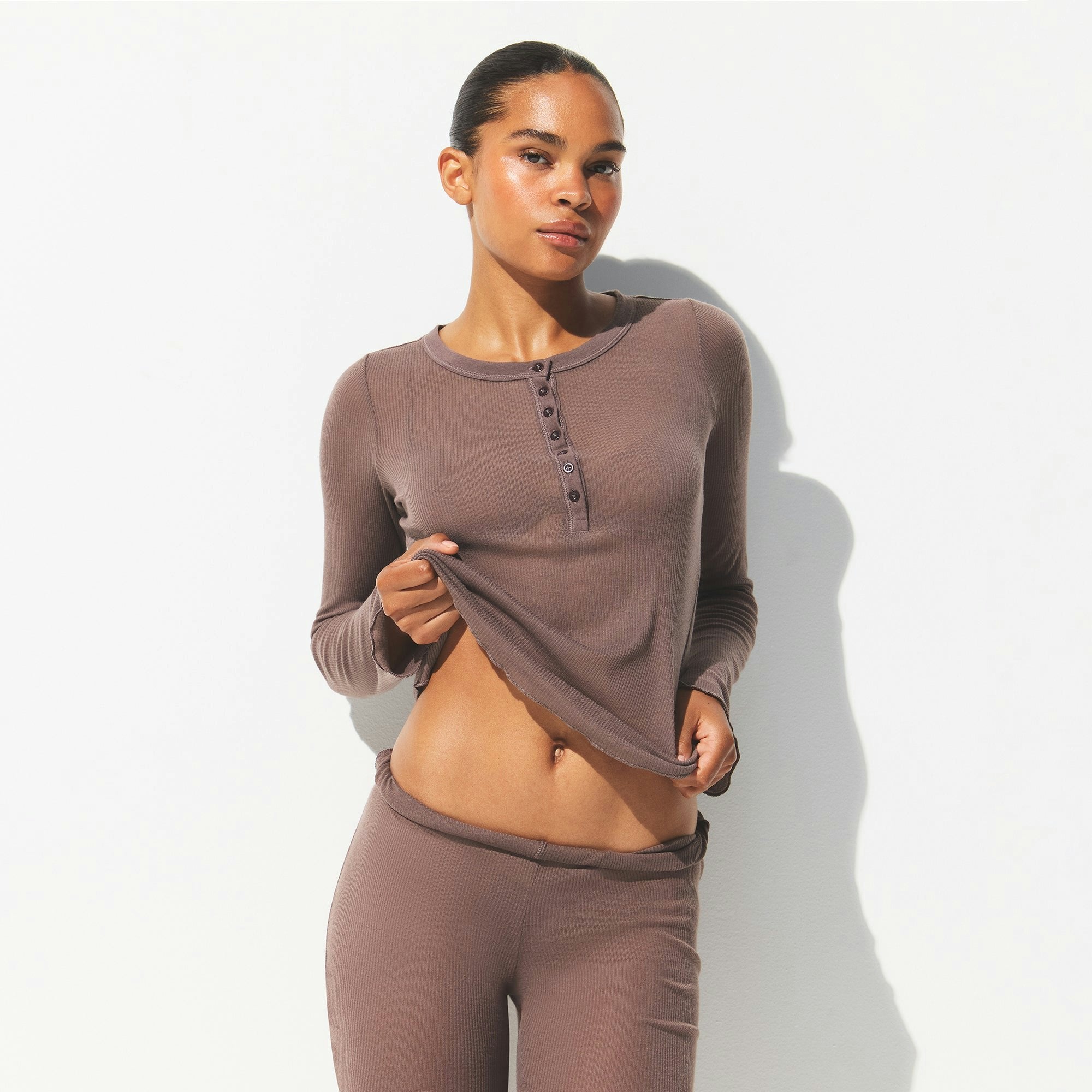 Skims Sheer Rib Long Sleeve Henley Pewter