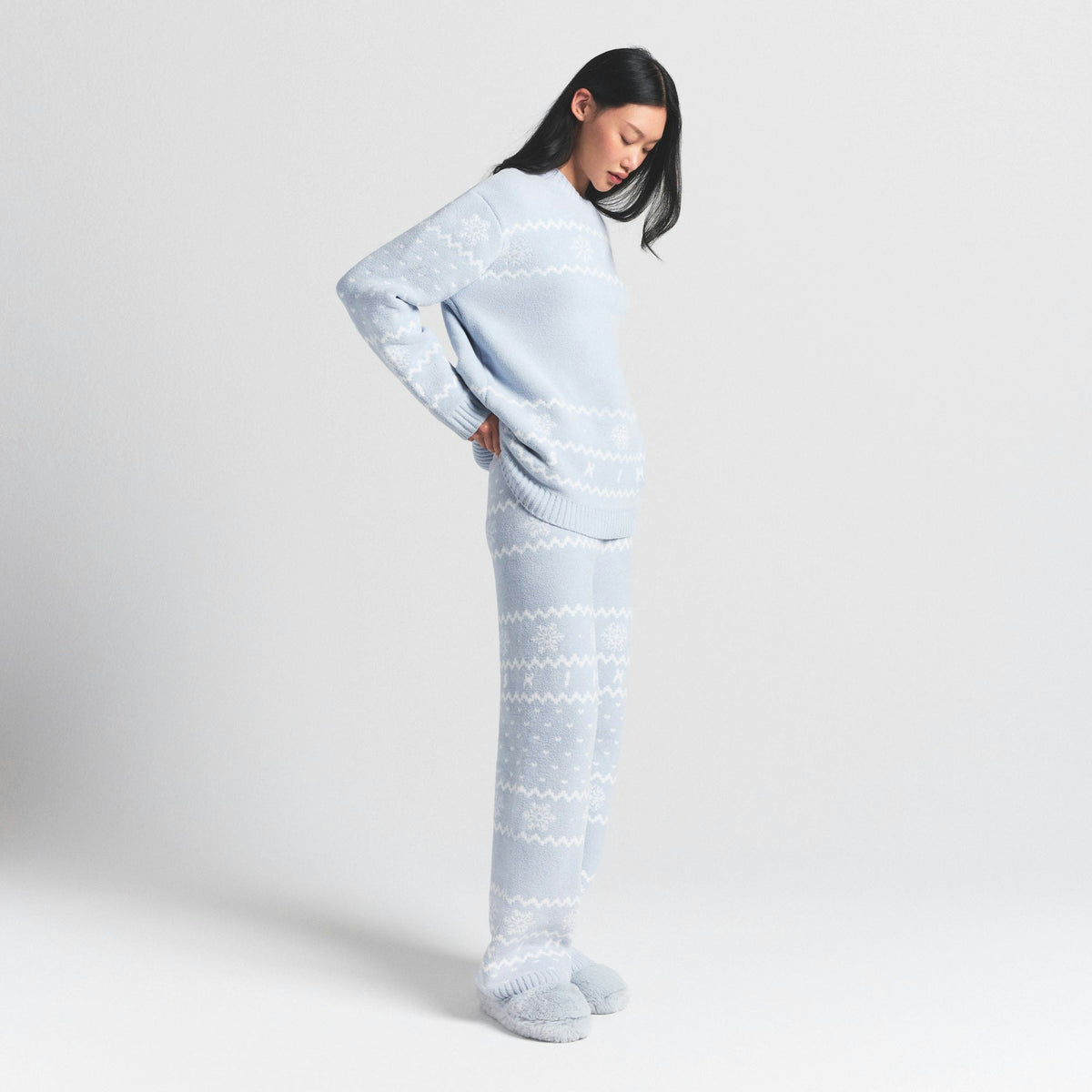 Skims Cozy Light Crewneck Pullover Zen Blue Heart Fair Isle
