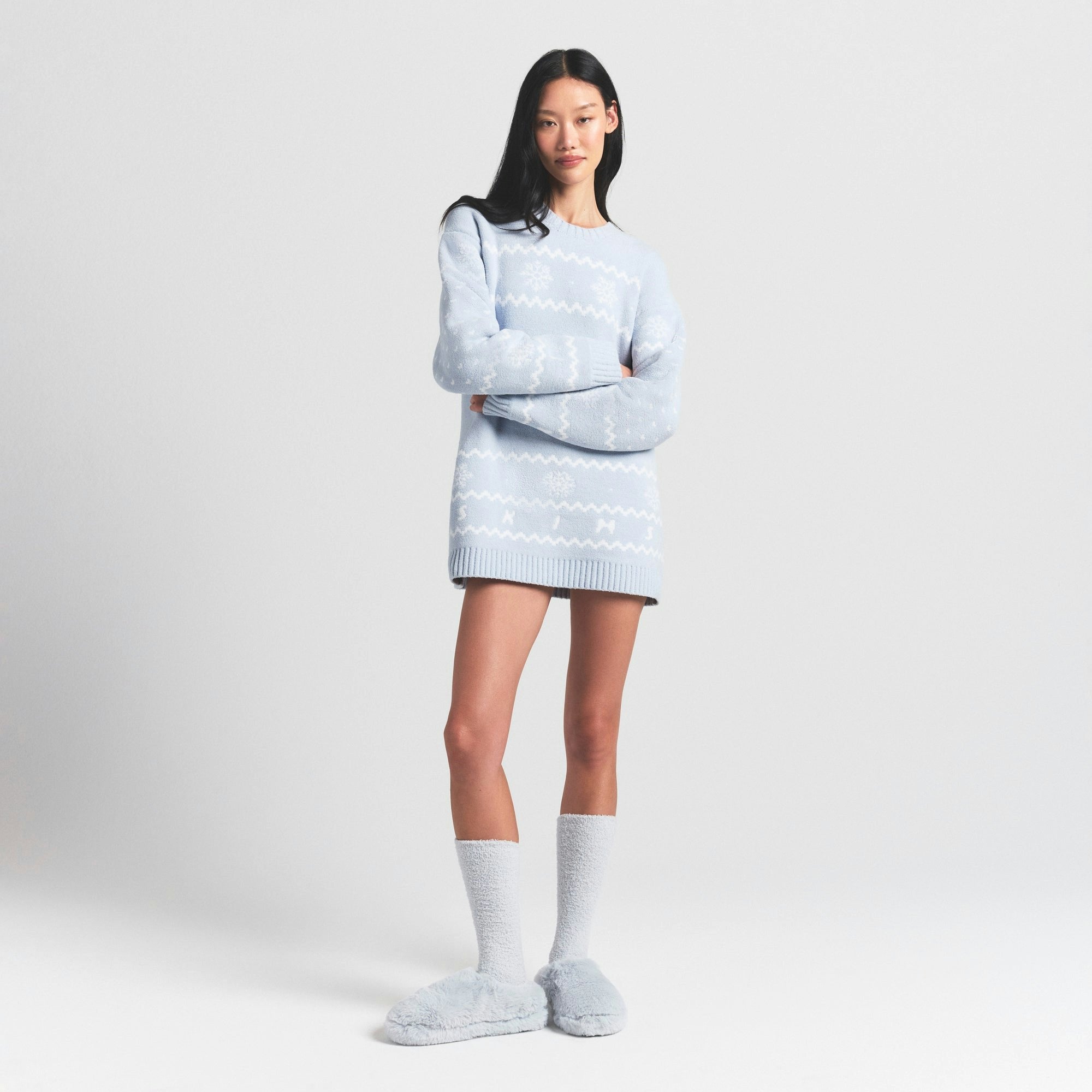 Skims Cozy Light Crewneck Pullover Zen Blue Heart Fair Isle