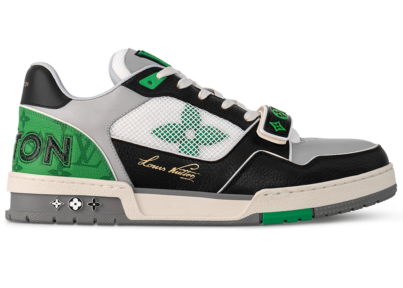 louis vuitton lv trainer monogram strap black white green