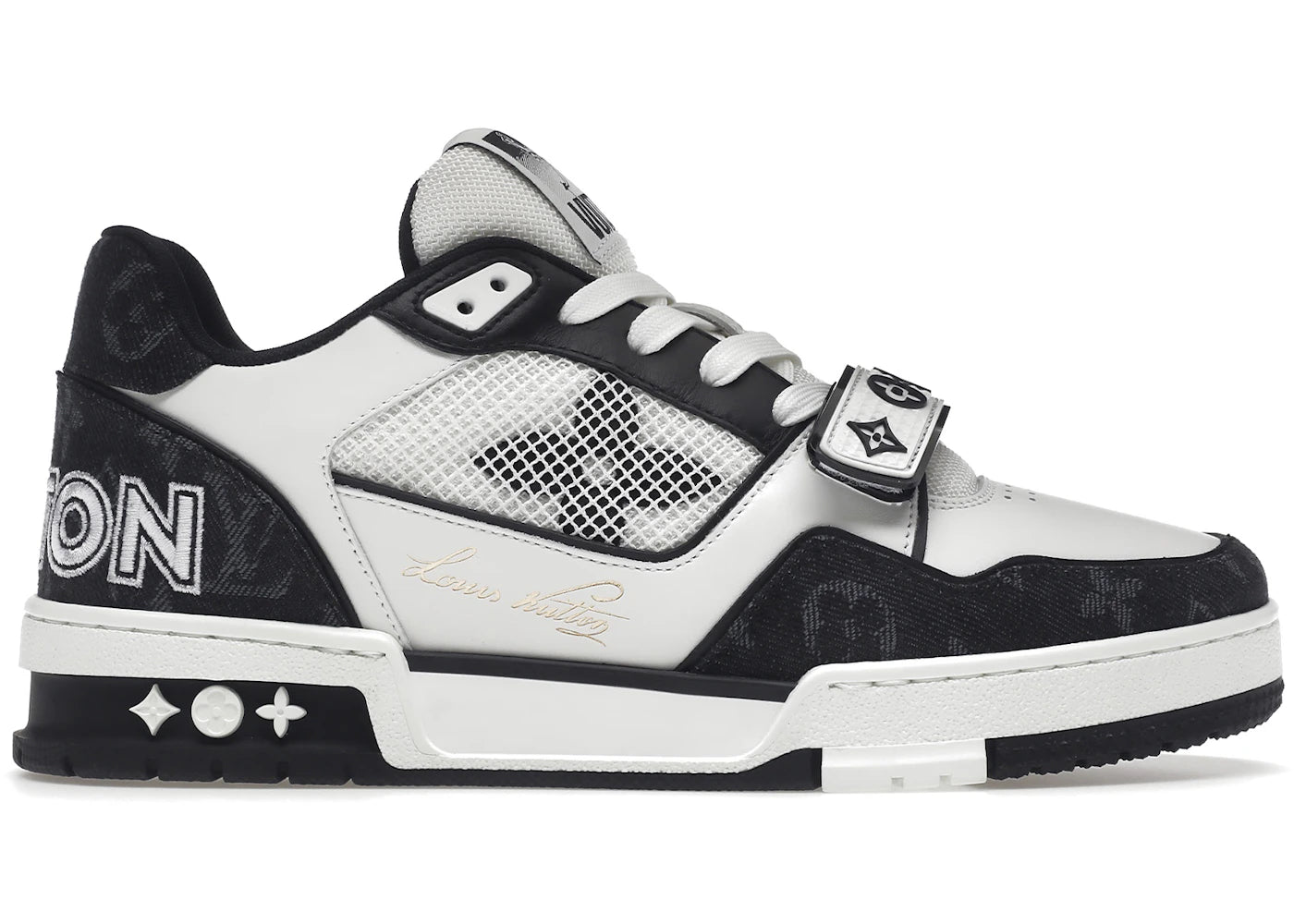 louis vuitton lv trainer velcro strap monogram denim black white