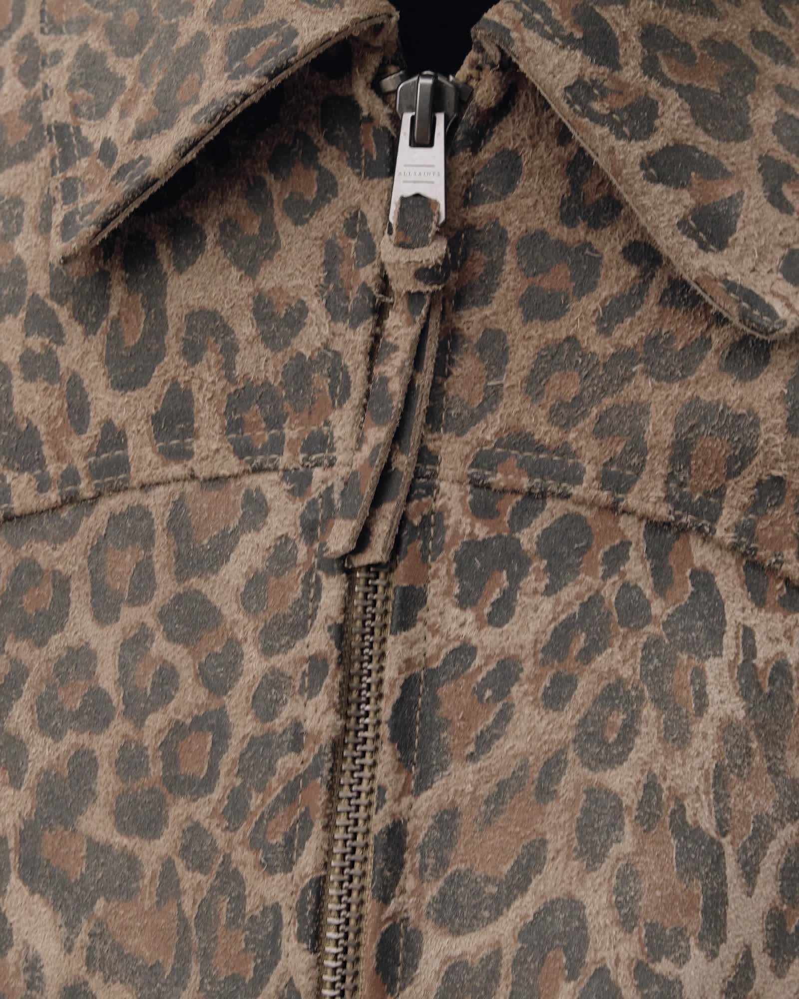 AllSaints Dellcot Leopard Print Suede Jacket Peanut Brown