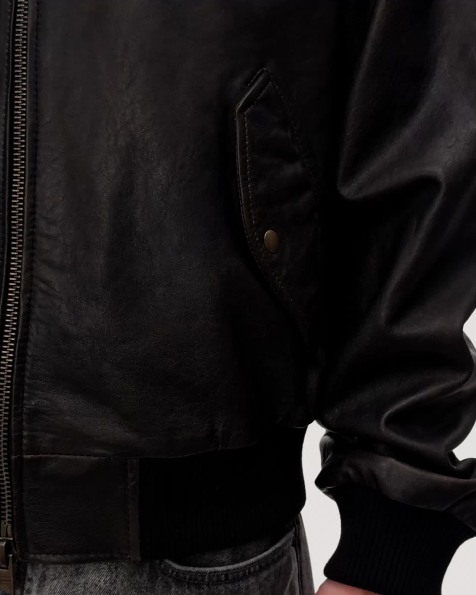 AllSaints Marco Oversized Leather Bomber Jacket Black