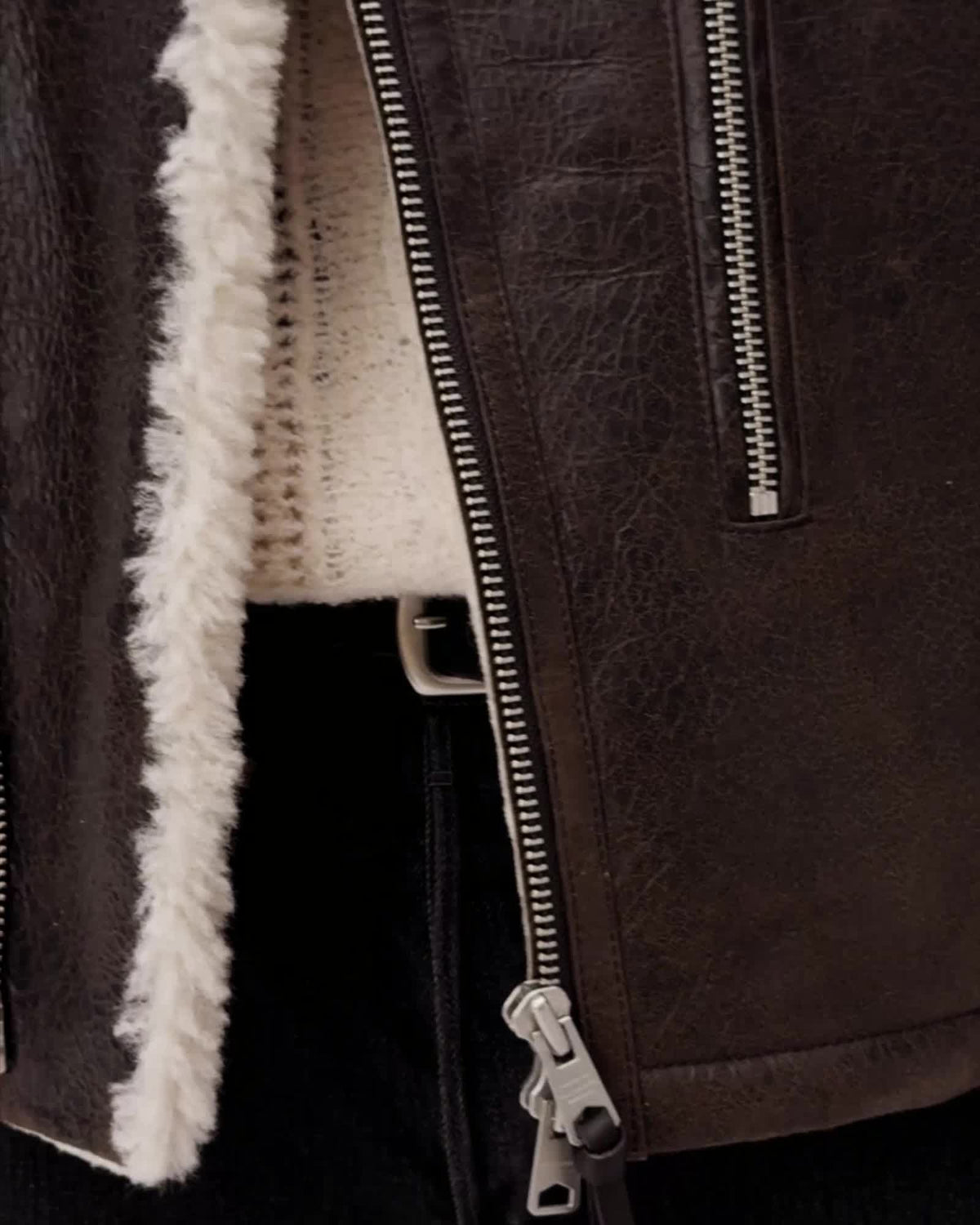 AllSaints Xylon Shearling Biker Jacket Barkwood Brown