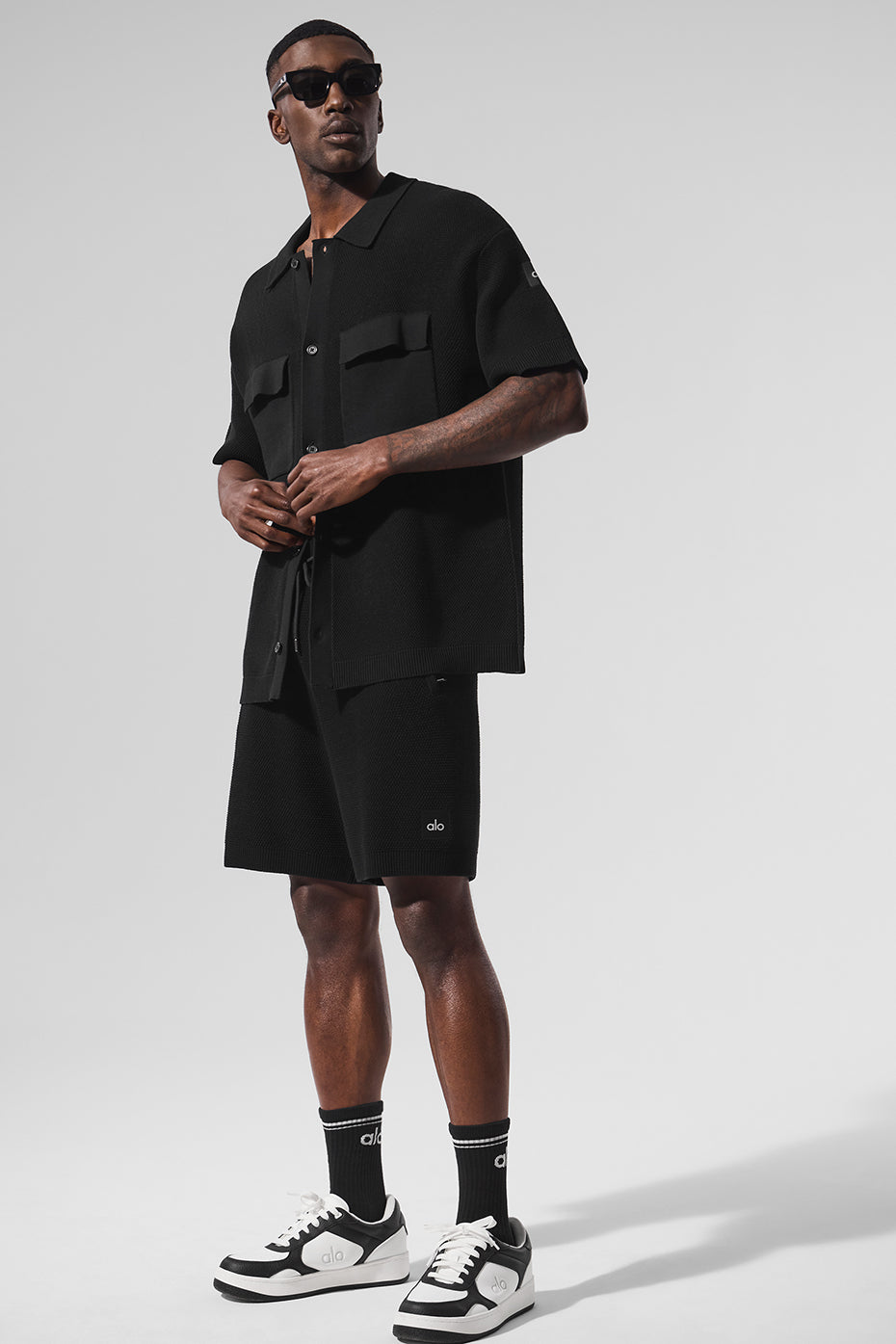 Alo Yoga Sports Club Sweater Knit Short Sleeve Button Up