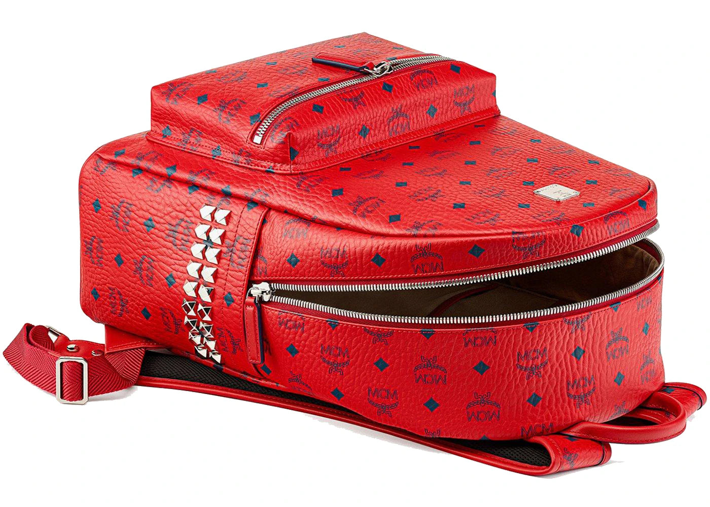 mcm stark side studs backpack visetos monogram candy red
