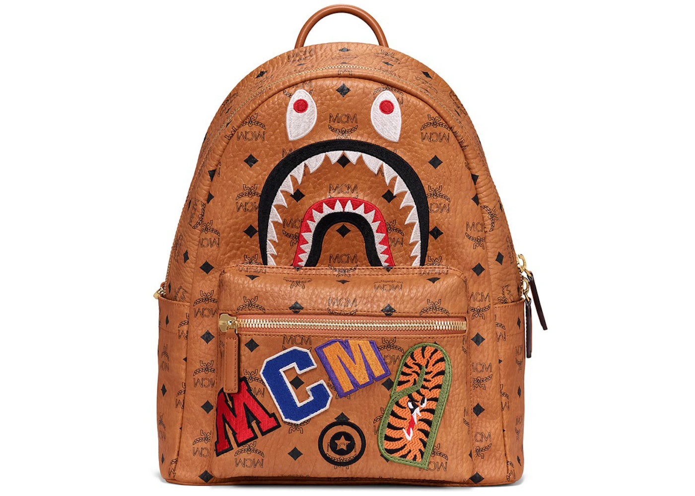 Mcm X Bape Shark Stark Backpack Visetos Cognac