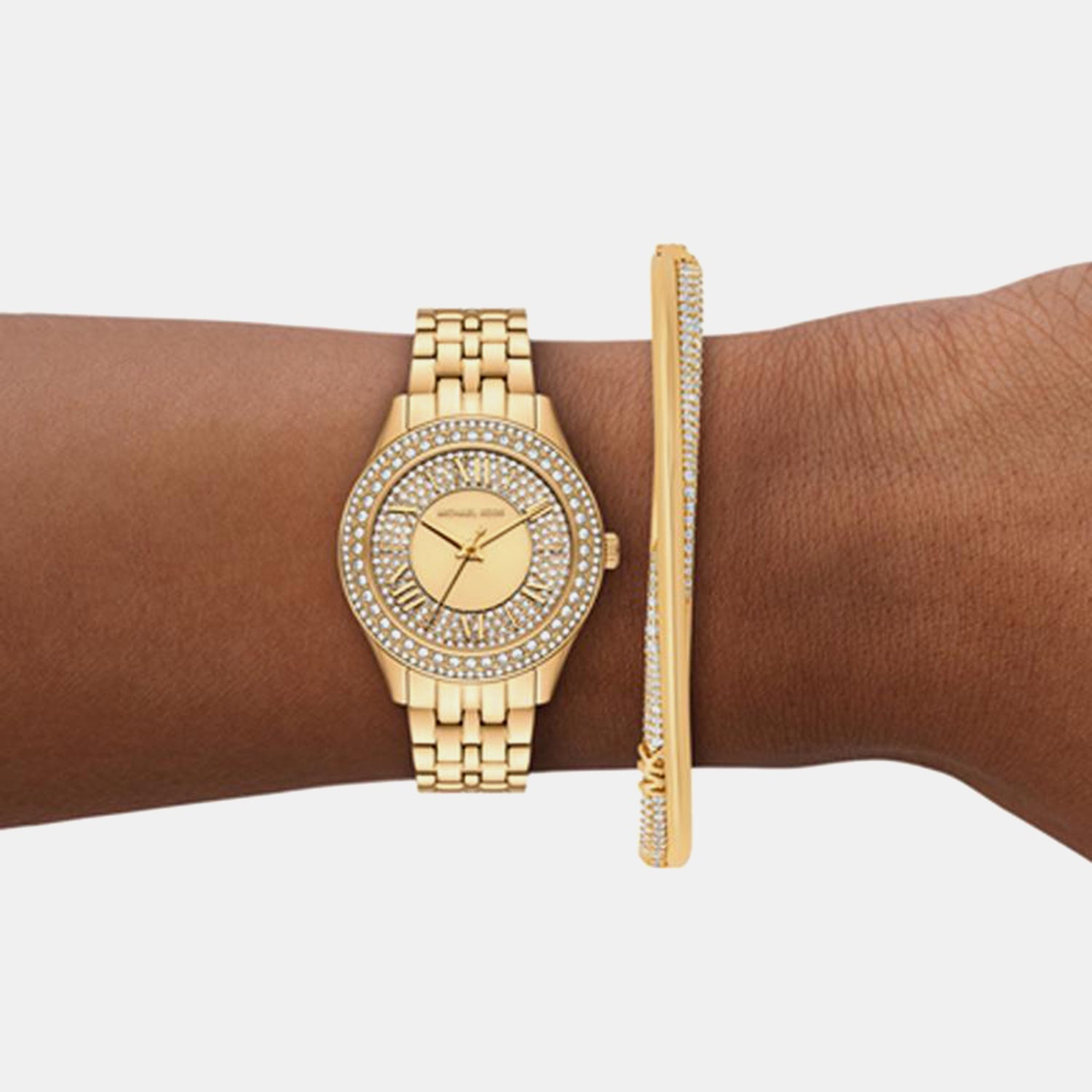 Michael Kors Harlowe Women Quartz Gold Dial Analog Stainless Steel Watch Mk4974Set